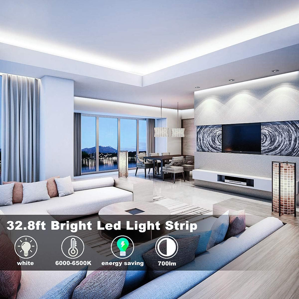 LED Strip Lights Warm White,32.8Ft Dimmable LED Light Strip with RF Remote,600 Bright 6500K 2835 Leds,Plug-In Adhesive Rope Lights with Timing Mode for Living Room Bedroom Kitchen