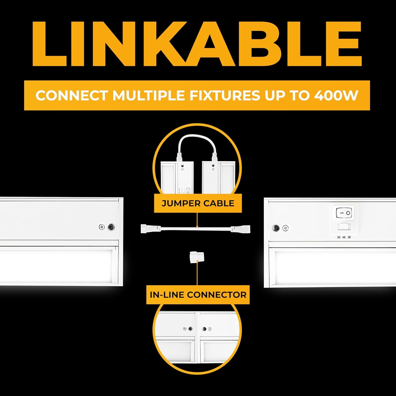 LED under Cabinet Lighting Hardwired - 3CCT 24 Inch White Finish - Undercabinet Lights for Kitchen - Linkable Undercounter Dimmable Plug in Light or Hard Wired - under Counter Fixture Direct Wire