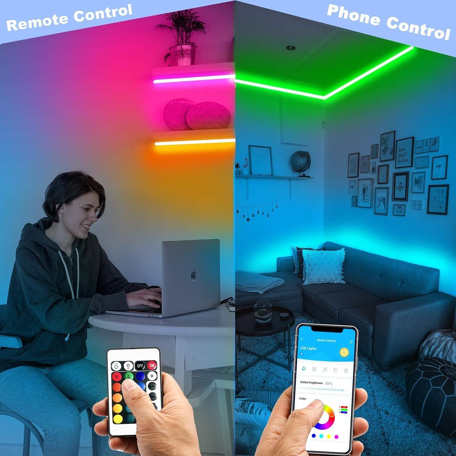 DAYBETTER Smart Led Lights 30 Ft, 5050 RGB Led Strip Lights Kits with 24 Keys