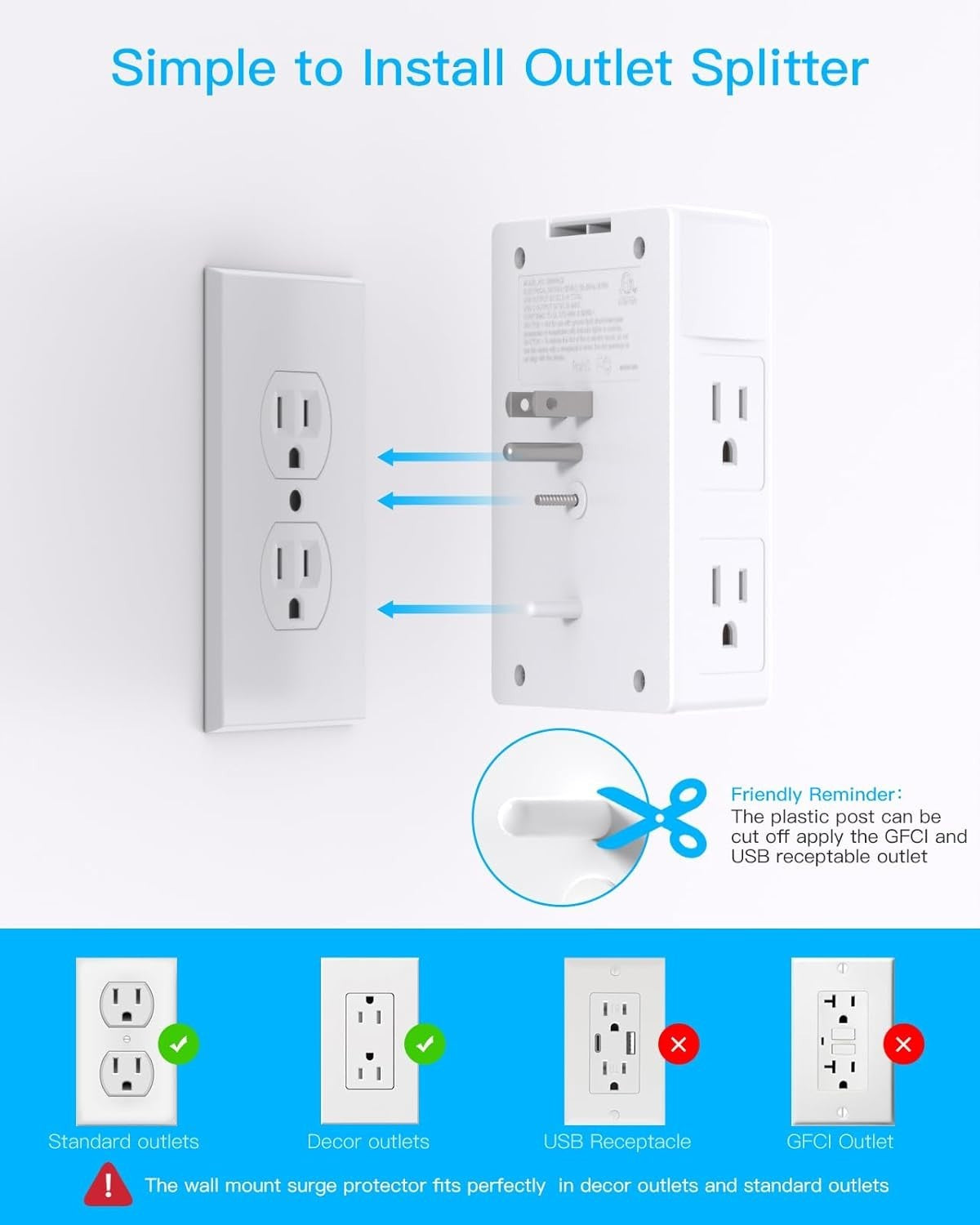 Outlet Extender with Night Light, Multi Plug Outlet, USB Wall Charger Surge Prot