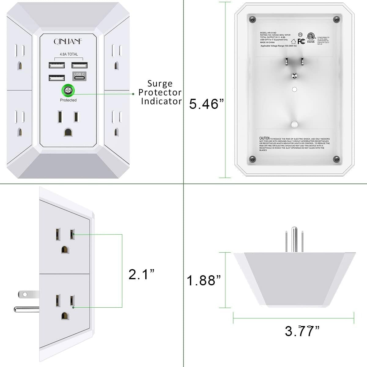 5 Outlet Extender Surge Protector Multi Plug Wall Adapter USB Charger Ports With