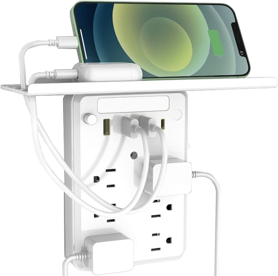 Multi Outlet Wall Plug , Surge Protector with Socket Shelf, Built in Adjustable Night Light Extender USB C Phone Charger, Expander for Home, Office
