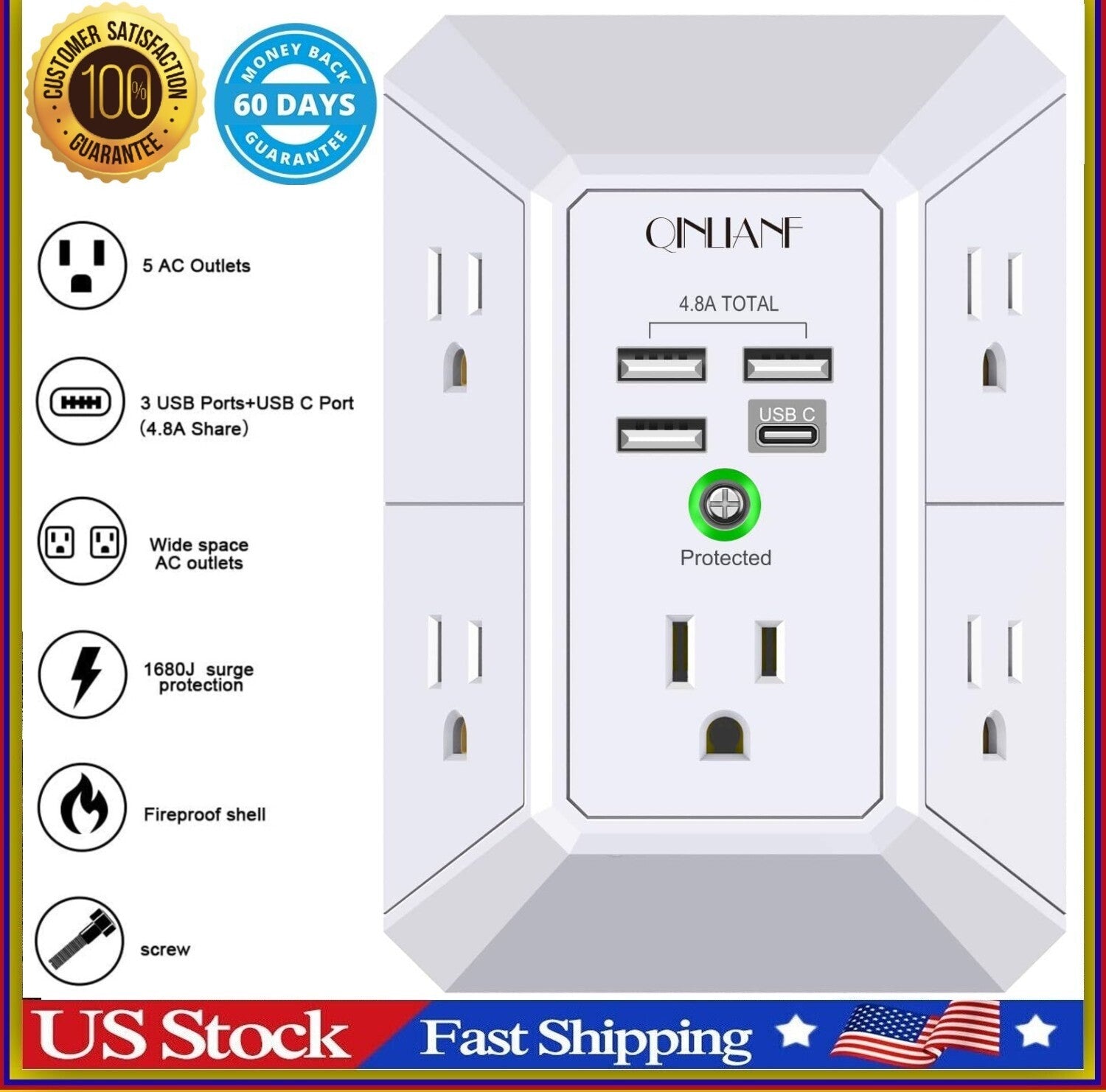 5 Outlet Extender Surge Protector Multi Plug Wall Adapter USB Charger Ports With