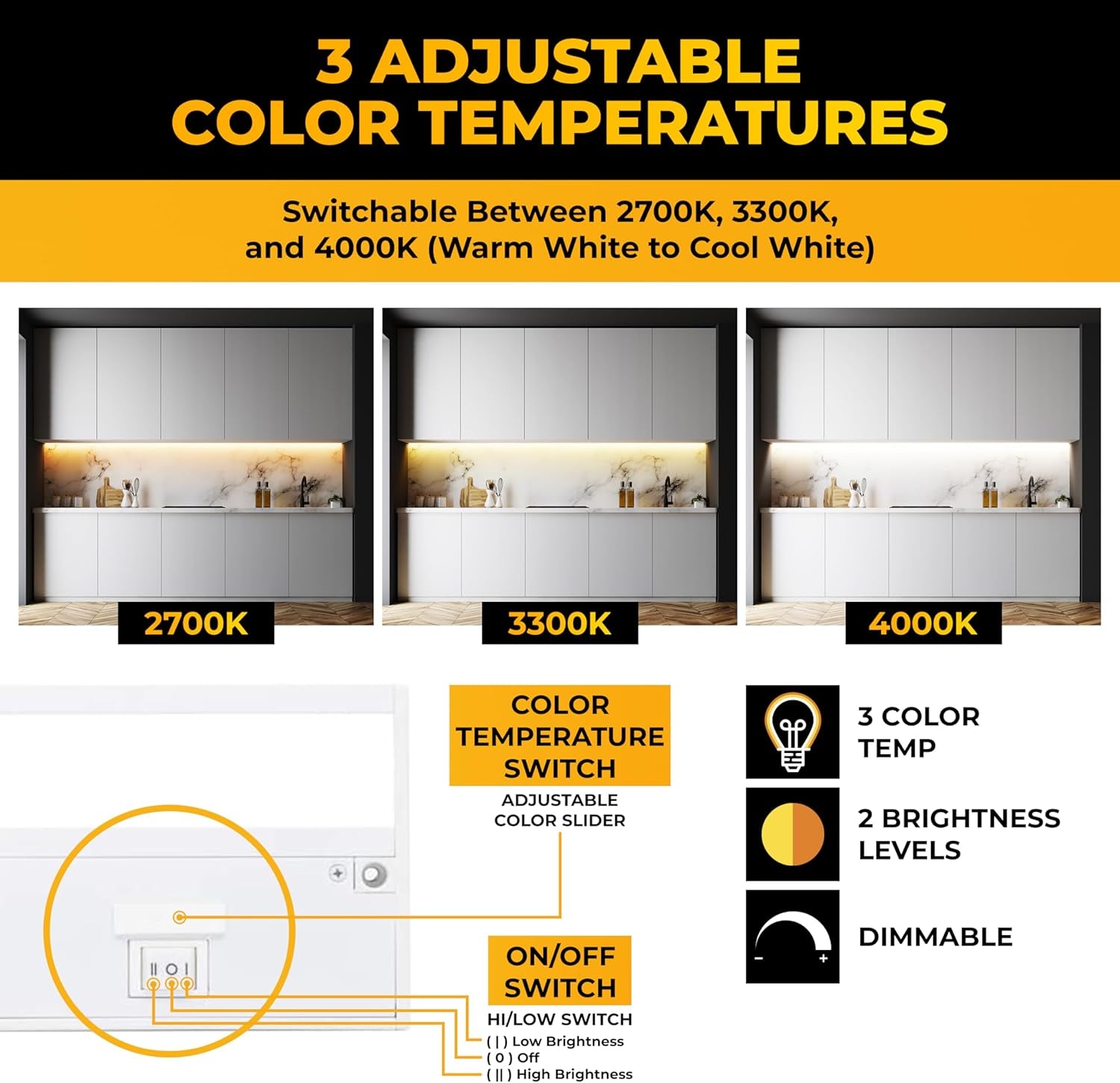 LED under Cabinet Lighting Hardwired - 3CCT 24 Inch White Finish - Undercabinet Lights for Kitchen - Linkable Undercounter Dimmable Plug in Light or Hard Wired - under Counter Fixture Direct Wire