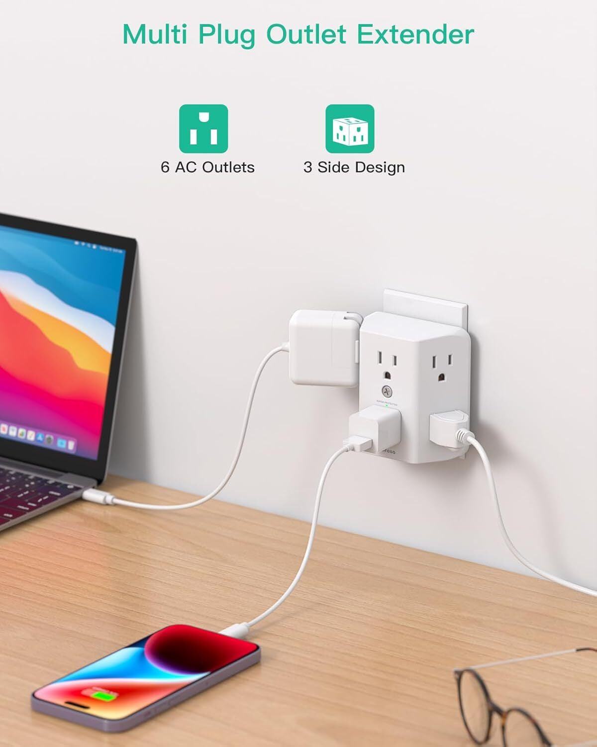 2 Pack Surge Protector Outlet, Outlet Splitter, Multi Plug Wall Outlet with 6