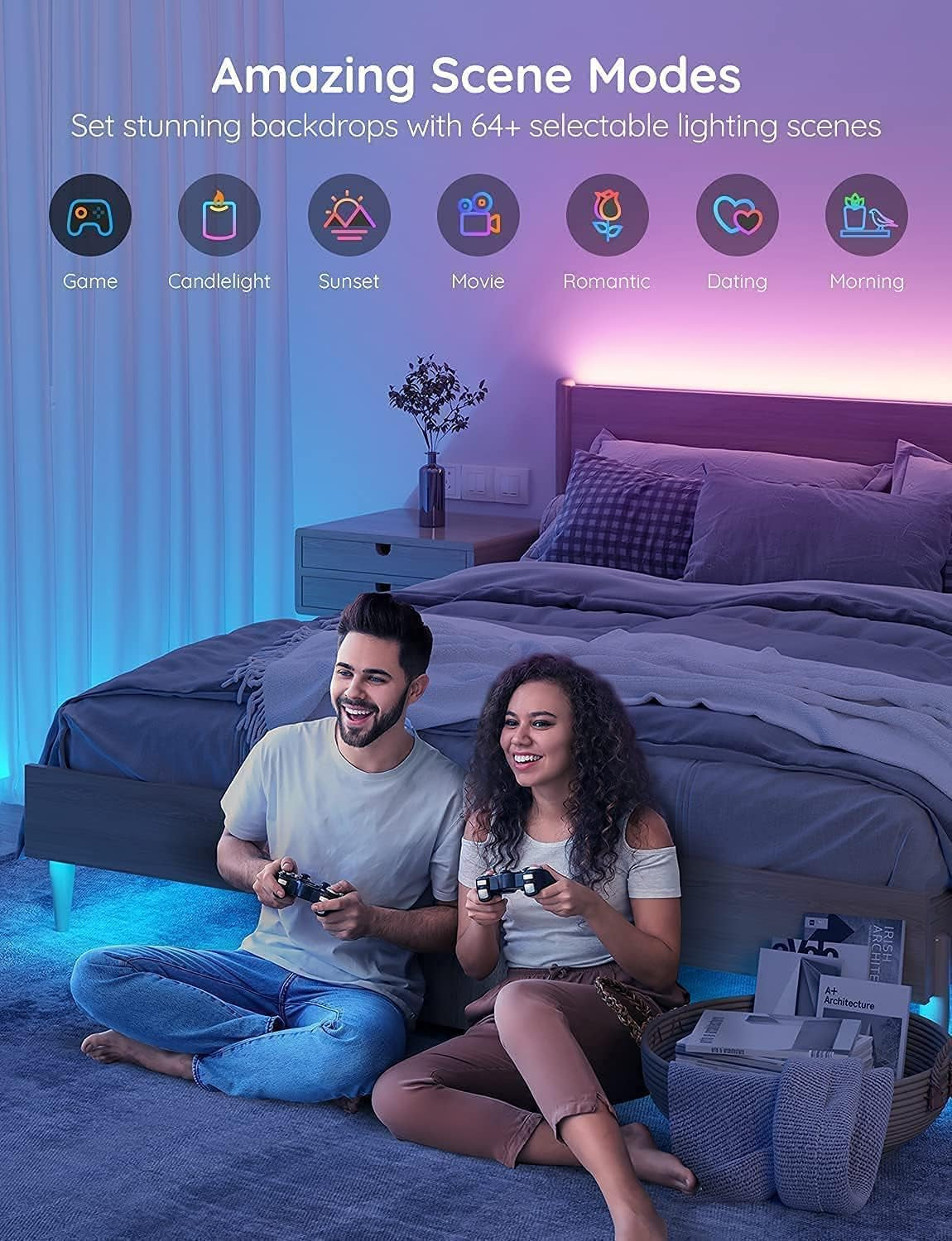 Smart RGB LED Strip Lights for Bedroom, 32.8Ft Wifi LED Light Strip Work with Alexa Google Assistant, 16 Million Colors with App Control and Music Sync Lights for Home Decor, 2 Rolls of 16.4Ft
