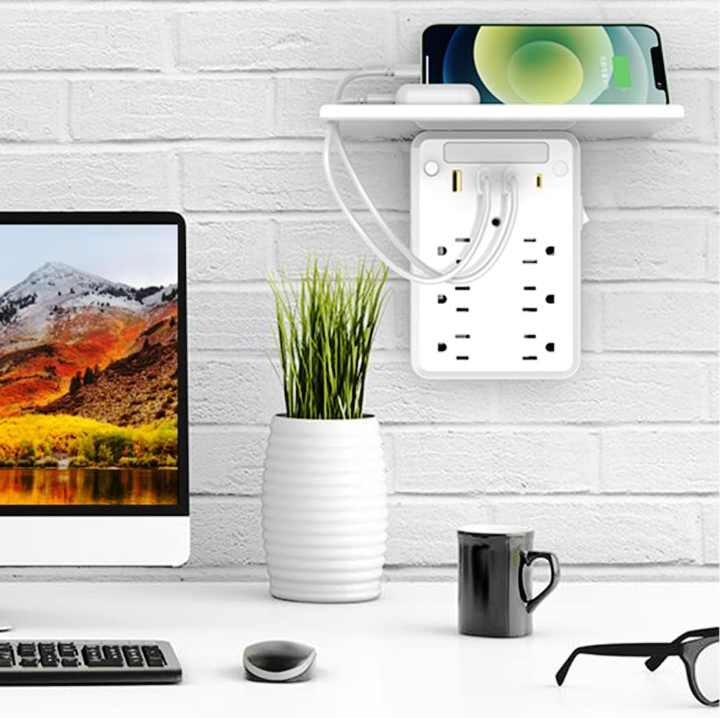 Multi Outlet Wall Plug , Surge Protector with Socket Shelf, Built in Adjustable Night Light Extender USB C Phone Charger, Expander for Home, Office