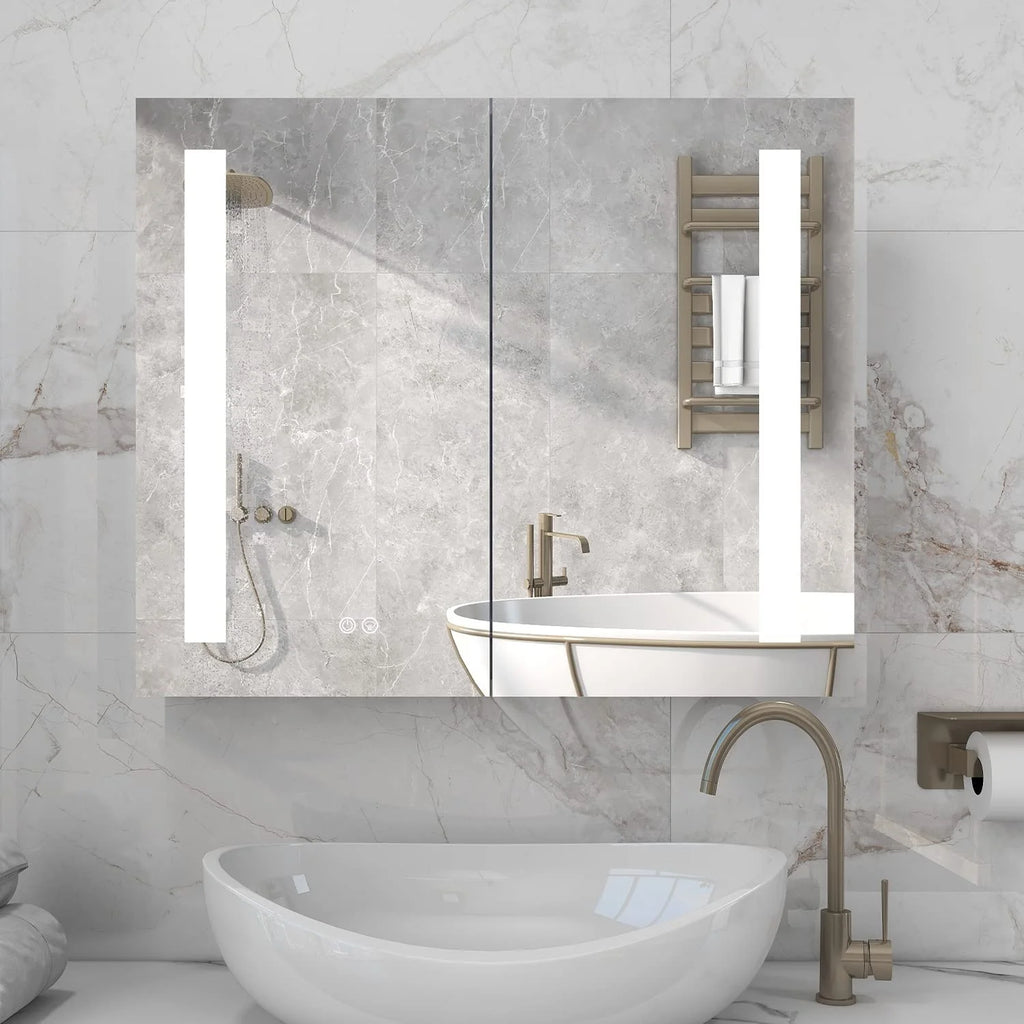 Bathroom Cabinet Medicine Cabinet 3 Tier Kitchen Wall Mount Aluminum 36"*30"Recessed Large Cosmetic Storage Cabinet with Led Lighted Vanity Mirror Double Doors and 2 Adjustable Shelves