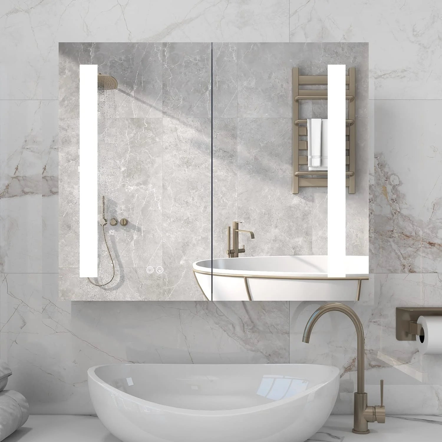 Bathroom Cabinet Medicine Cabinet 3 Tier Kitchen Wall Mount Aluminum 36"*30"Recessed Large Cosmetic Storage Cabinet with Led Lighted Vanity Mirror Double Doors and 2 Adjustable Shelves