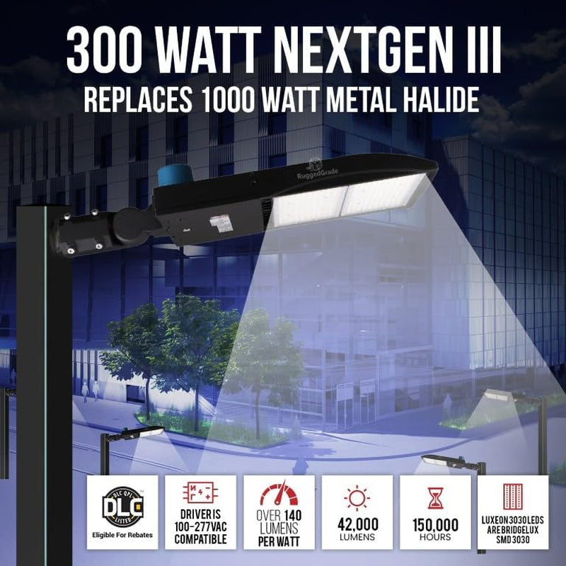 42,000 Lumen - 300 Watt Nextgen III LED Shoebox Lights - Dimmable - NO Photocell - Slip FIT Mount -10KV Surge