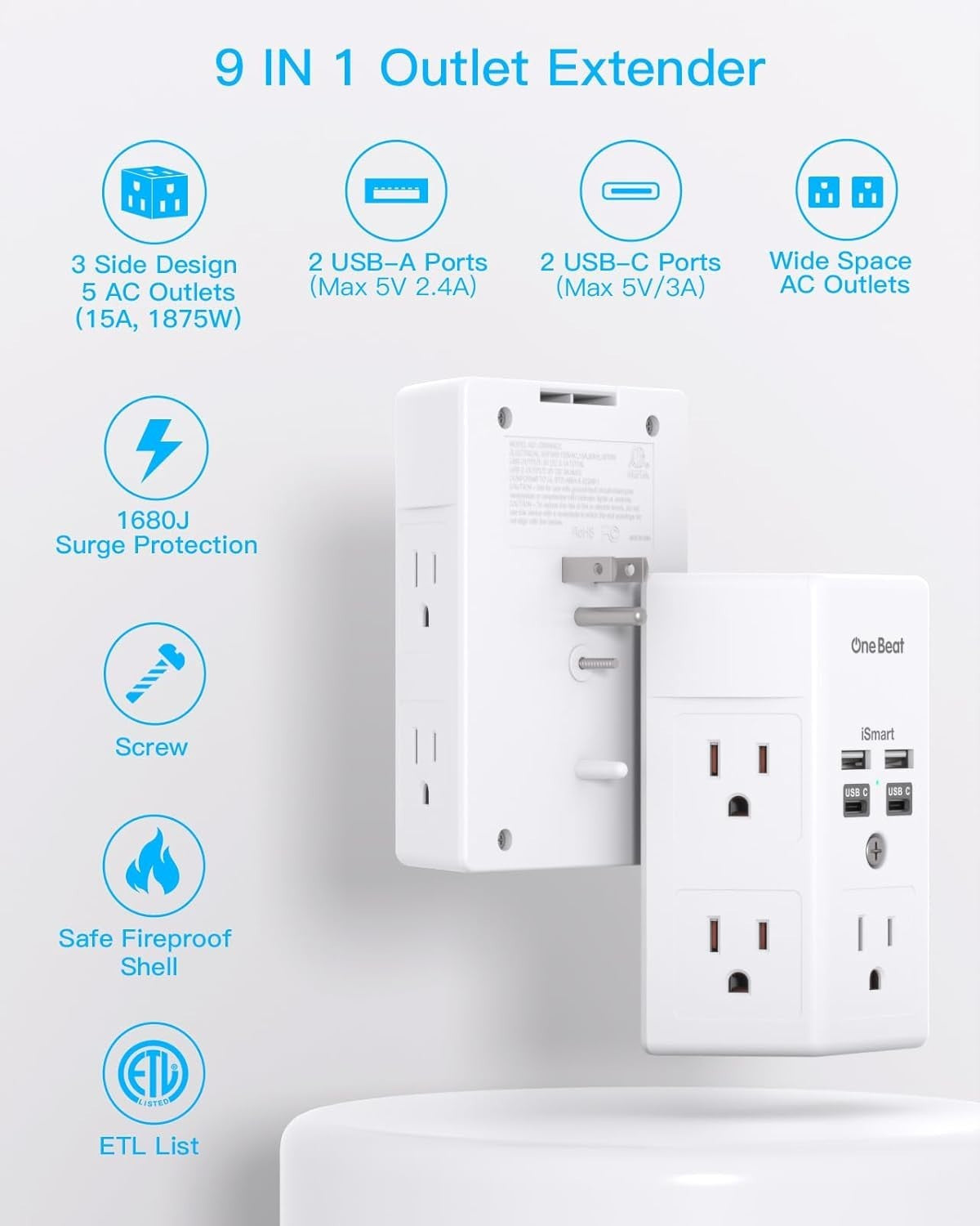 Outlet Extender with Night Light, Multi Plug Outlet, USB Wall Charger Surge Prot