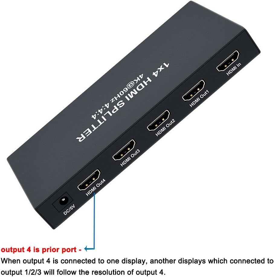 1X4 HDMI Splitter 4K 60Hz 4:4:4 HDR 18Gbps HDCP 2.2 EDID 3D 1 in 4 Out HDMI 2.0 High Speed UHD Video Box for Duplicate Multiple Monitor Sharing Computer Screen