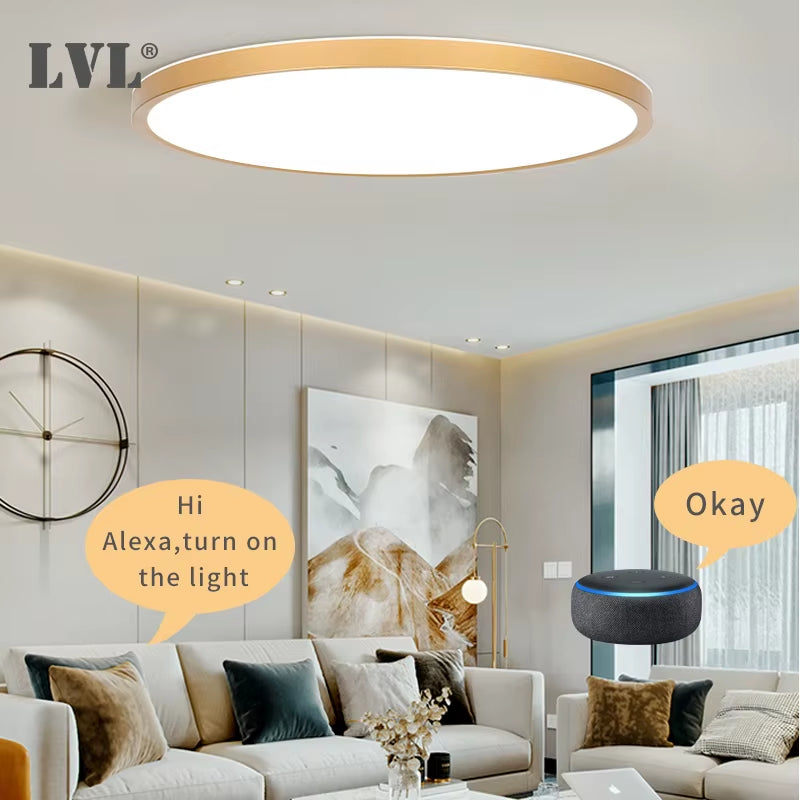 Modern Led Smart Ceiling Light Golden Wood Grain Dimmable Home Lighing Wifi Tuya App Voice Control Surface Mounting Ceiling Lamp
