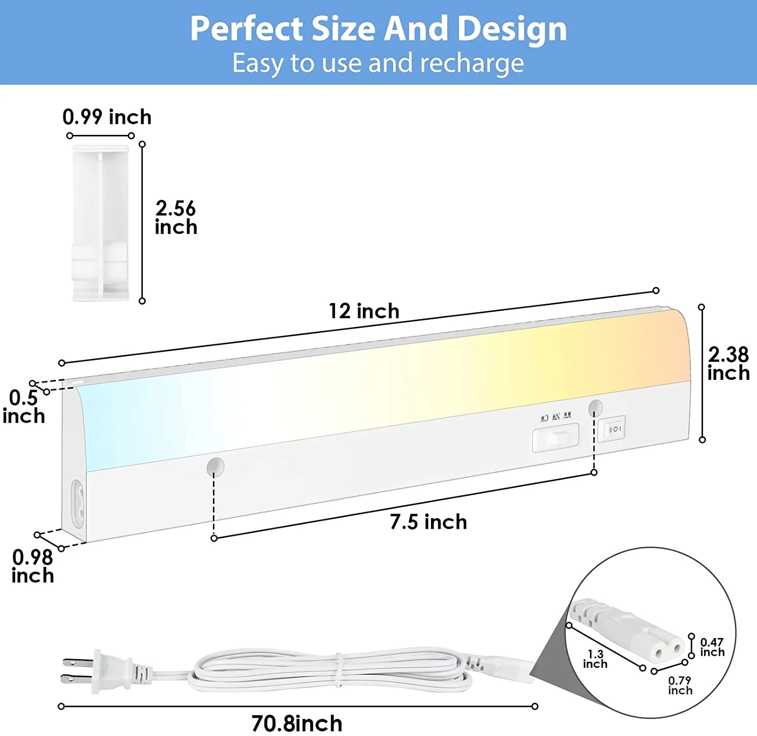 LED under Cabinet Lighting, 12 Inch Plug in under Counter Light Fixture, Dimmable, ETL& Energy Star, 3 Color Changing Linkable over Sink Lighting for Kitchen, Office, Garage, Workshop