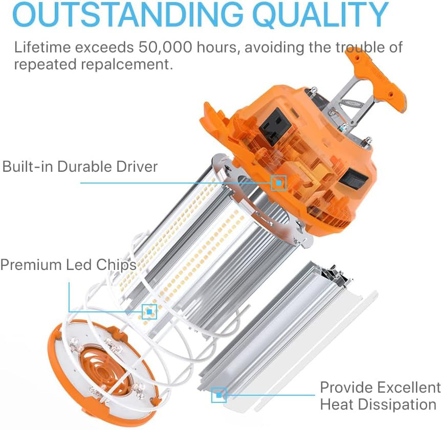LED Temporary Work Light 100W 12500LM 300W HID/HPS 5000K, Portable LED Jobsite Light with Stainless Steel Safety Guard and Sturdy Hook for Construction Sites, Workshop(With an ON/OFF Switch)