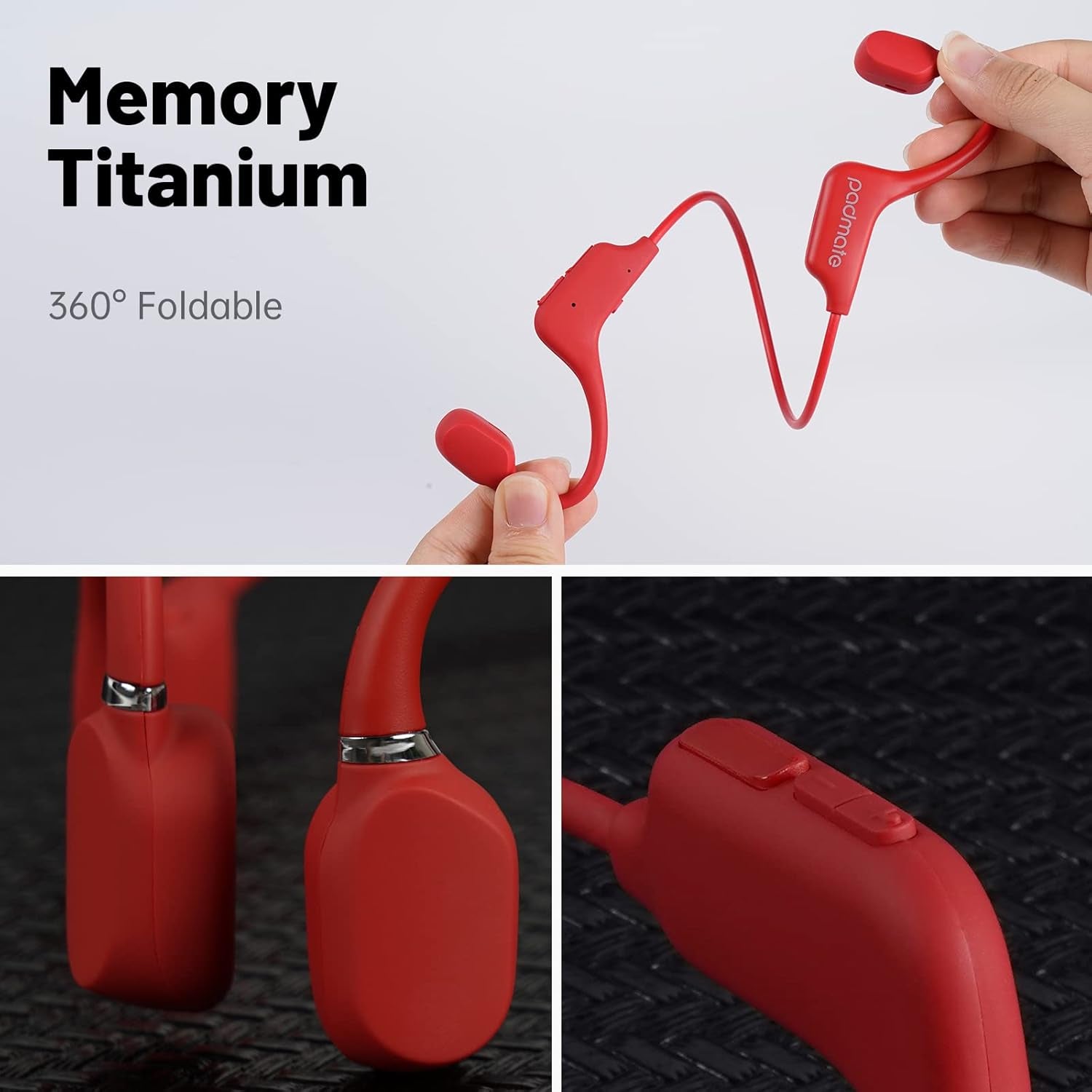 Open-Ear Air Conduction Headphones Bluetooth Wireless Earbuds with Mic, Sport Headset Bluetooth 5.0 Wireless Earphones for Workouts, Foldable/Lightweight/8Hr Playtime/Ip67 Waterproof (Red)