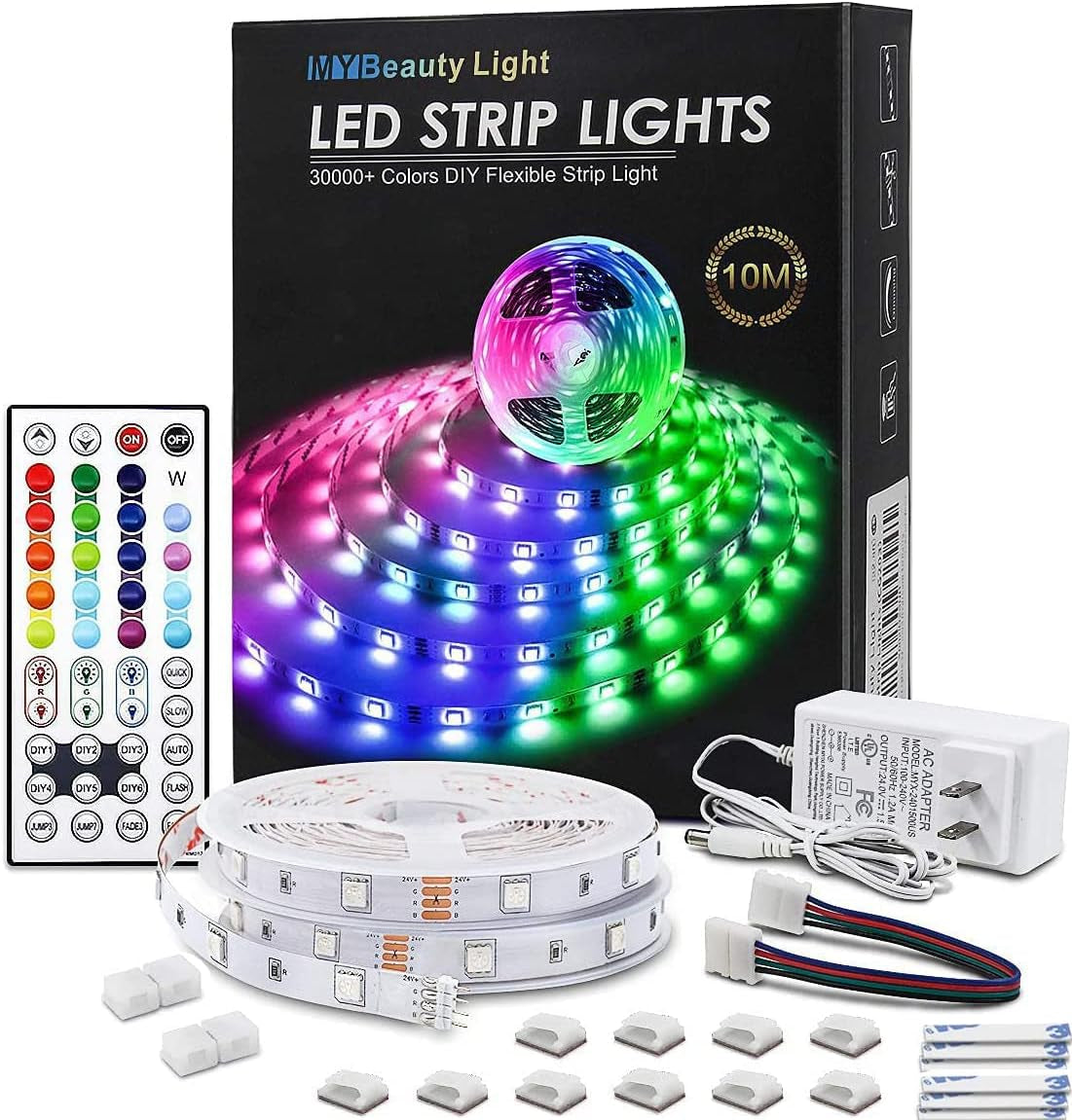 RGB LED Strip Lights, 32.8Ft, 32768 DIY Colors, Self-Adhesive, Flexible, UL Approved