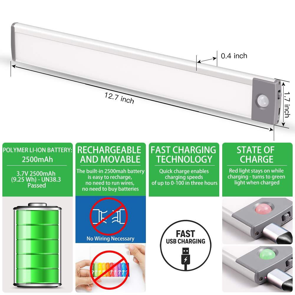 Rechargeable Motion Sensor Led Lights Ultra Thin Softer under Counter 54-LED ...