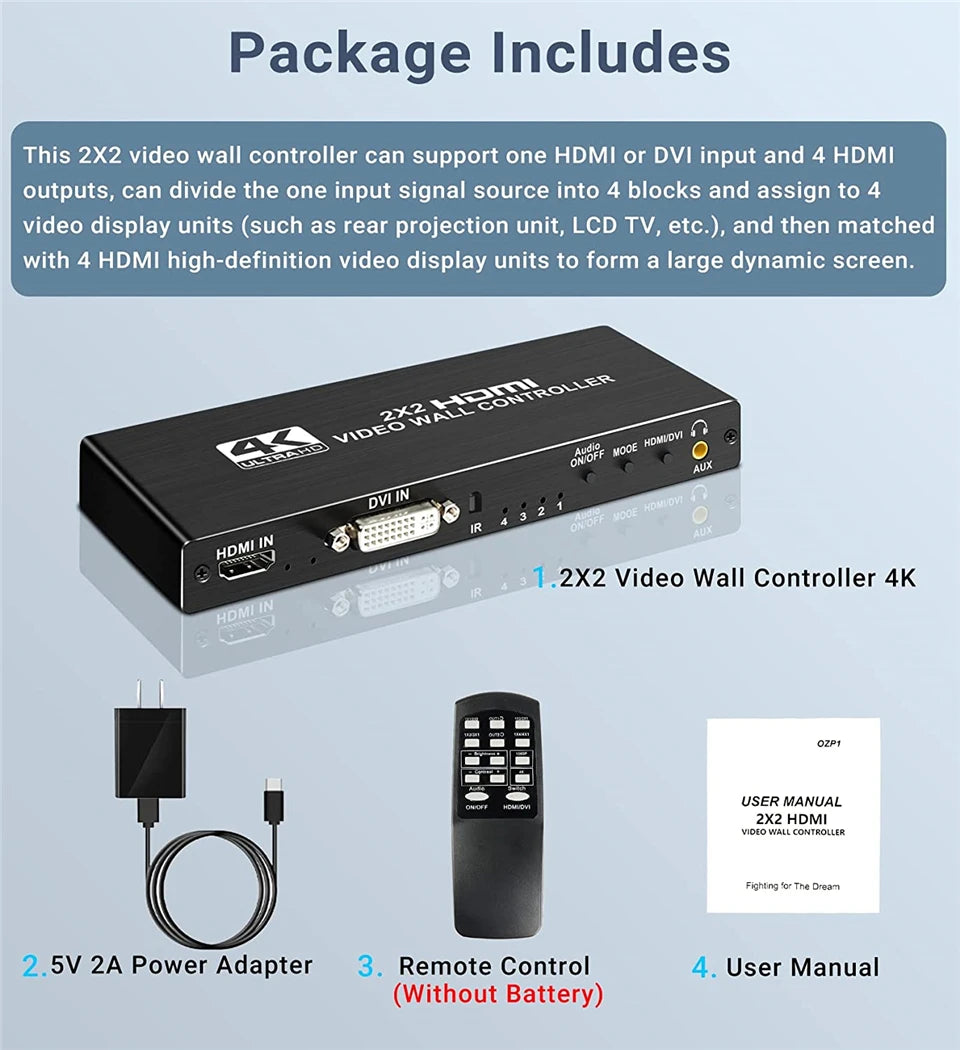 2X2 Video Wall Controller Processor 1X2 1X3 1X4 2X1 3X1 4X1 4K DVI HDMI Video Wall Controller TV Video Stitching Wall Processor