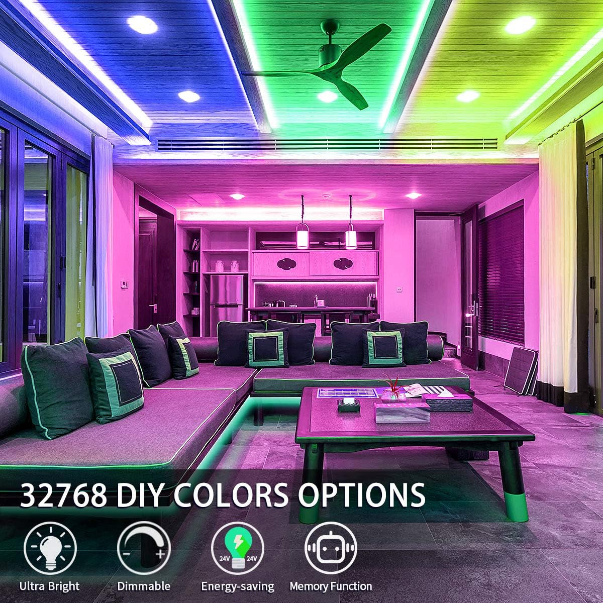 RGB LED Strip Lights, 32.8Ft, 32768 DIY Colors, Self-Adhesive, Flexible, UL Approved