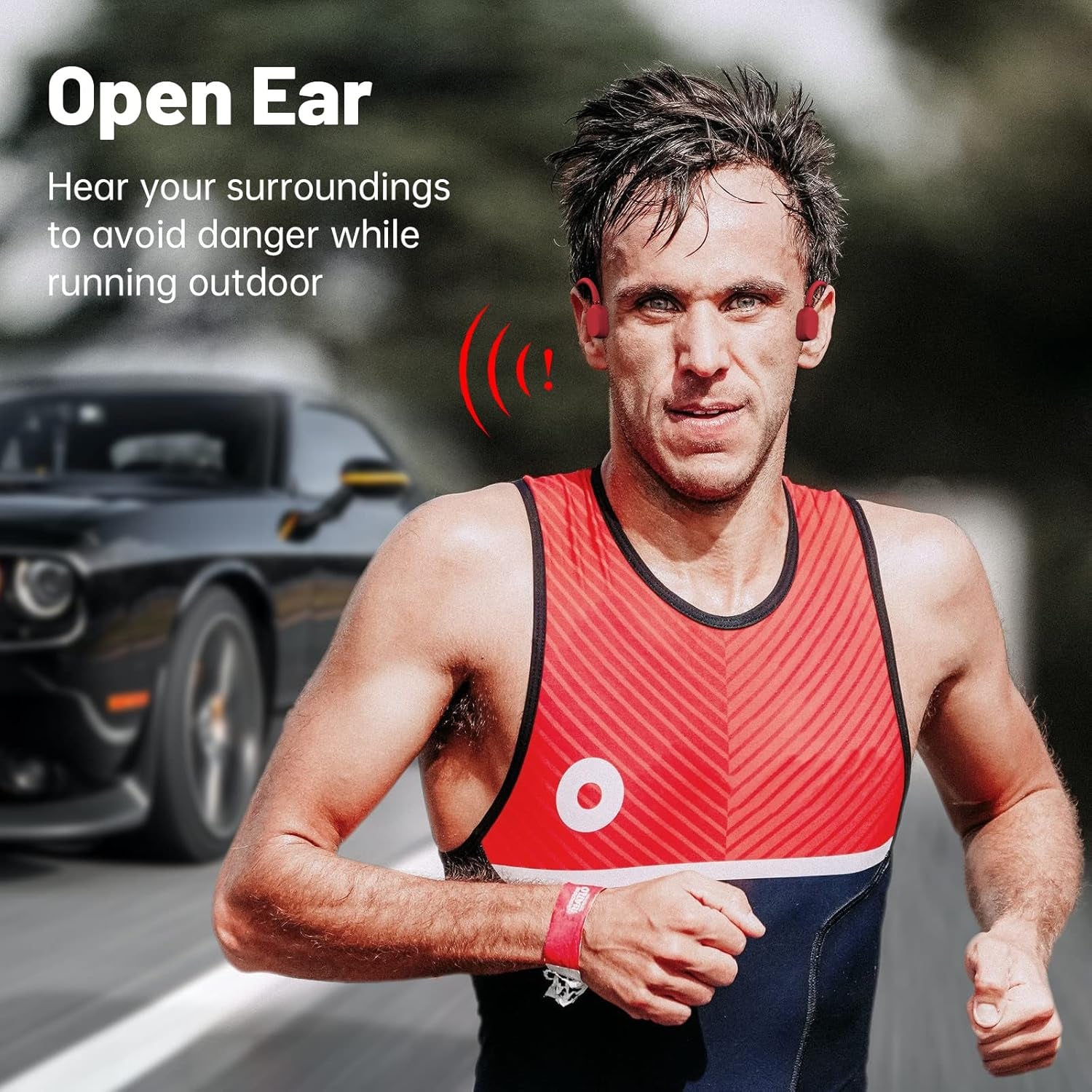 Open-Ear Air Conduction Headphones Bluetooth Wireless Earbuds with Mic, Sport Headset Bluetooth 5.0 Wireless Earphones for Workouts, Foldable/Lightweight/8Hr Playtime/Ip67 Waterproof (Red)