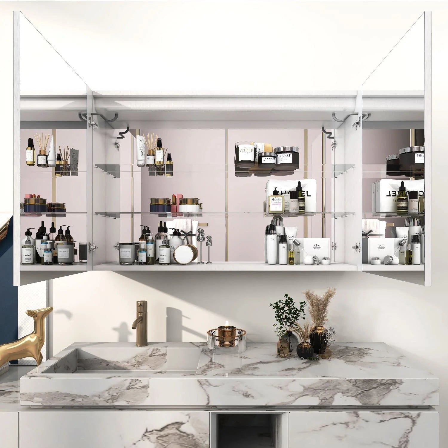 Bathroom Cabinet Medicine Cabinet 3 Tier Kitchen Wall Mount Aluminum 36"*30"Recessed Large Cosmetic Storage Cabinet with Led Lighted Vanity Mirror Double Doors and 2 Adjustable Shelves