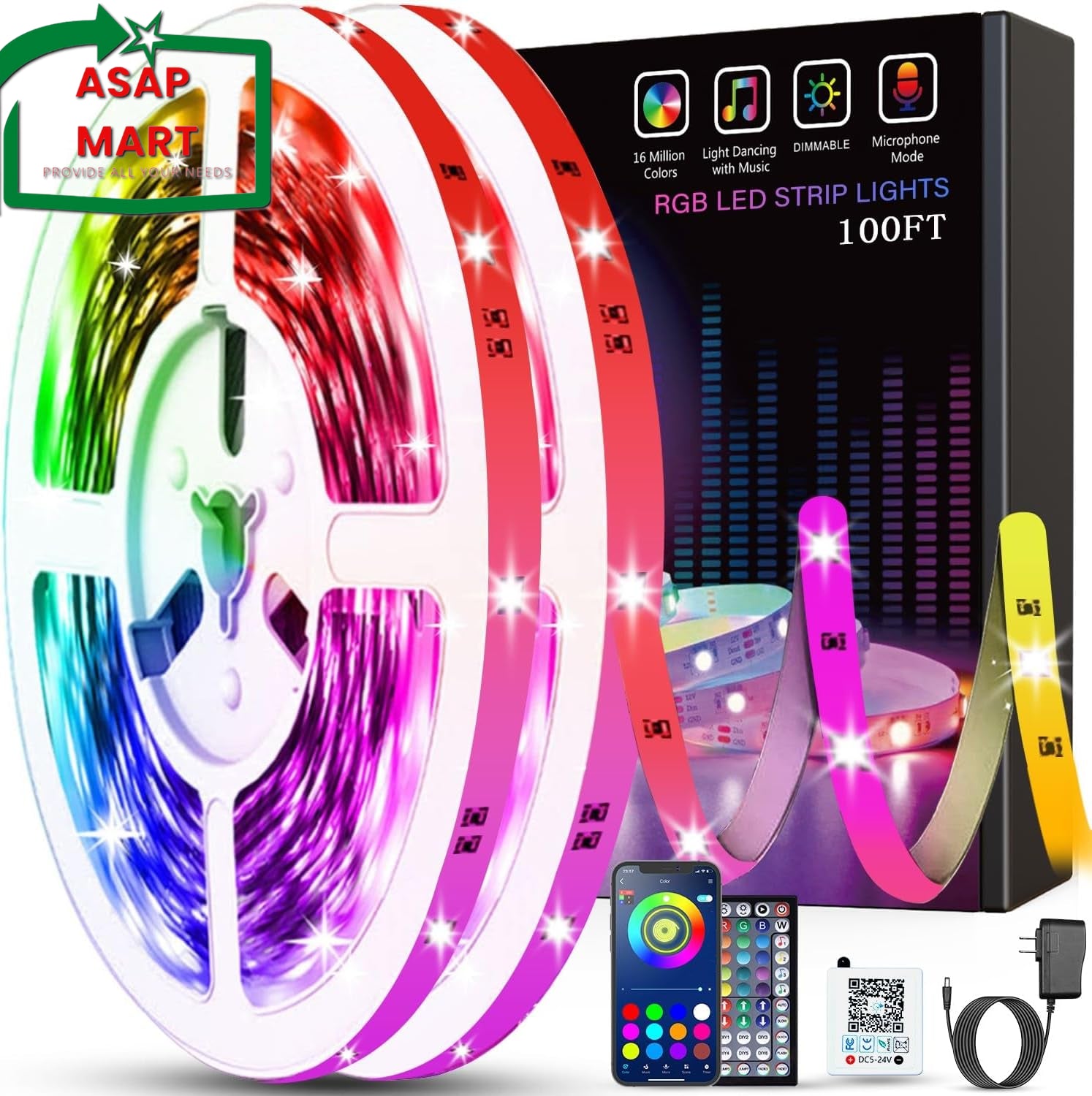 Tenmiro Led Lights for Bedroom 100Ft (2 Rolls of 50Ft) Music Sync Color Changing