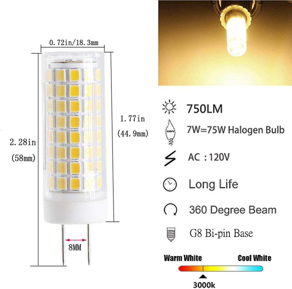 G8 Led Bulb, All New 75W Halogen Bulb Replacement, Dimmable 7W T4 G8 Led Lamps, G8 Bi-Pin Base Bulb, AC120V 720Lm, under Cabinet Counter Light, Kitchen Lighting and Puck Lights, 3000K Warm White 4Pack