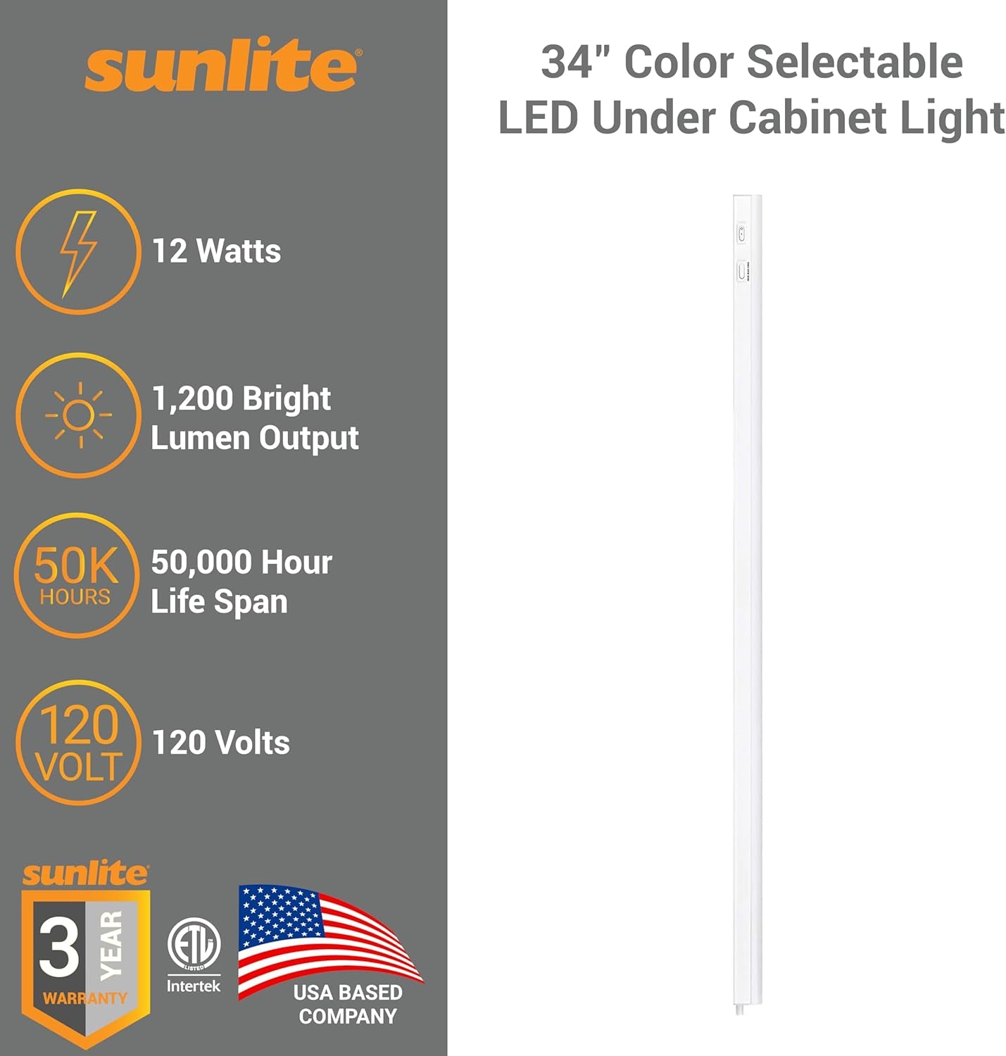 LED under Cabinet Lighting Plug in 34 Inch Linkable under Counter Lights for Kitchen 12 Watts, 120 Volts, 1200 Lumens, Adjustable 3 CCT 3000K-5000K, 50,000 Hour Lifespan, ETL Listed LED Light