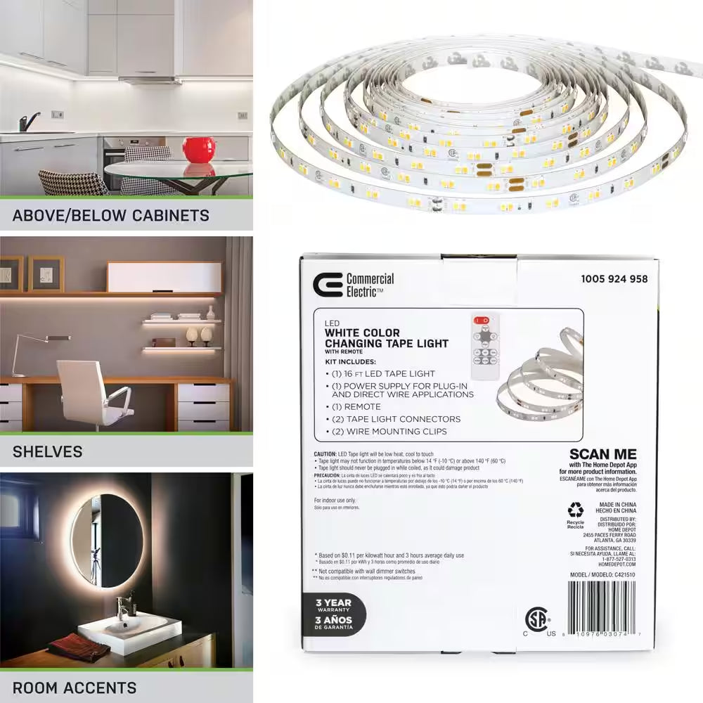 16 Ft. LED Tunable White Tape Light Kit- under Cabinet Light