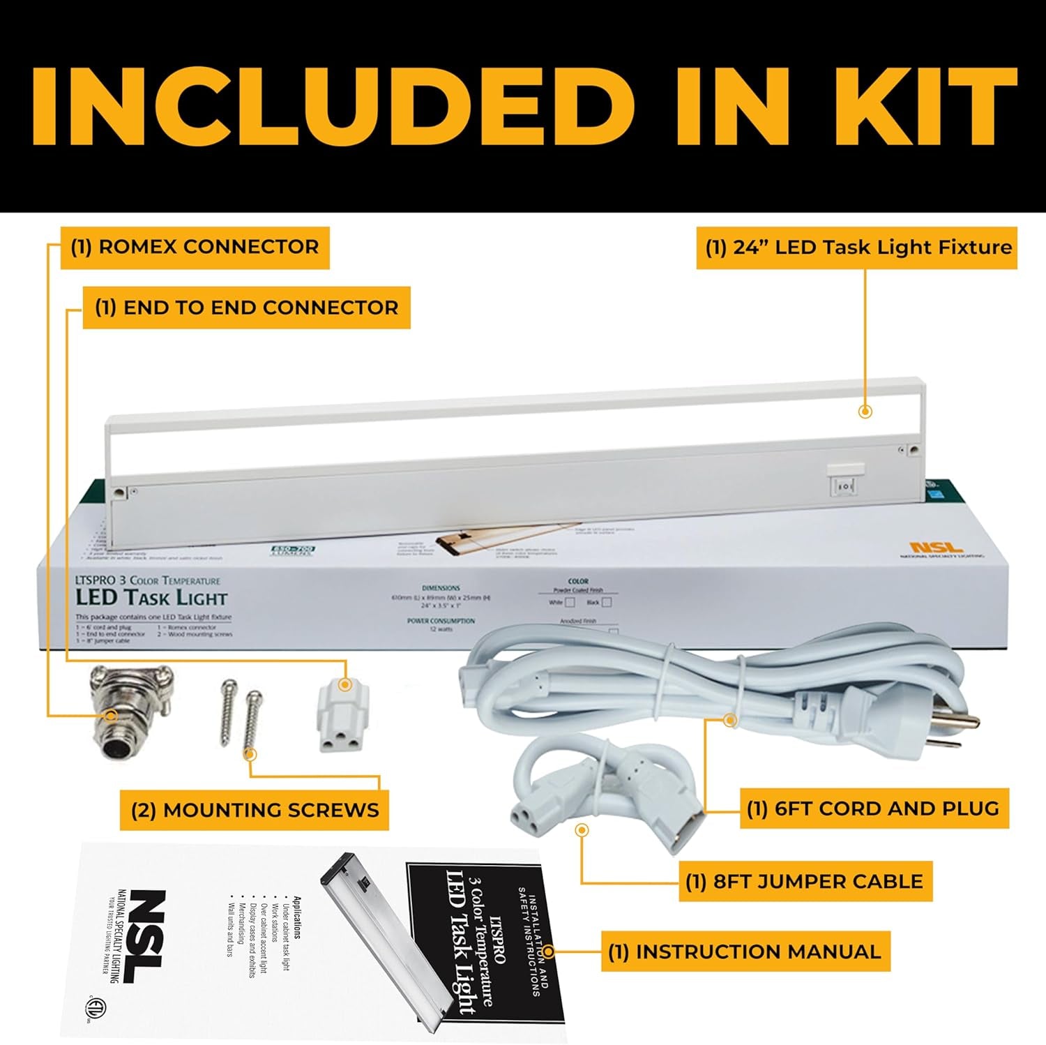 LED under Cabinet Lighting Hardwired - 3CCT 24 Inch White Finish - Undercabinet Lights for Kitchen - Linkable Undercounter Dimmable Plug in Light or Hard Wired - under Counter Fixture Direct Wire