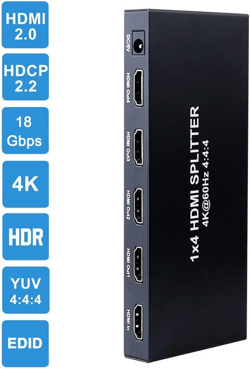 1X4 HDMI Splitter 4K 60Hz 4:4:4 HDR 18Gbps HDCP 2.2 EDID 3D 1 in 4 Out HDMI 2.0 High Speed UHD Video Box for Duplicate Multiple Monitor Sharing Computer Screen