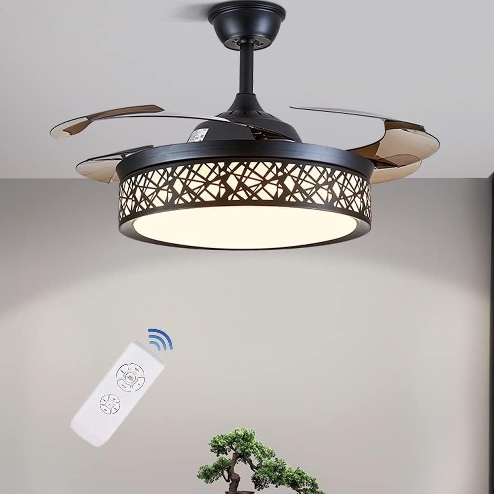 42 Inch Black Cage Ceiling Fan with Lights, Ceiling Fan with Retractable Blades Three Color Change Chandelier with Remote Control, Dining Room/Living Room/Bedroom Lighting Decoration-36W