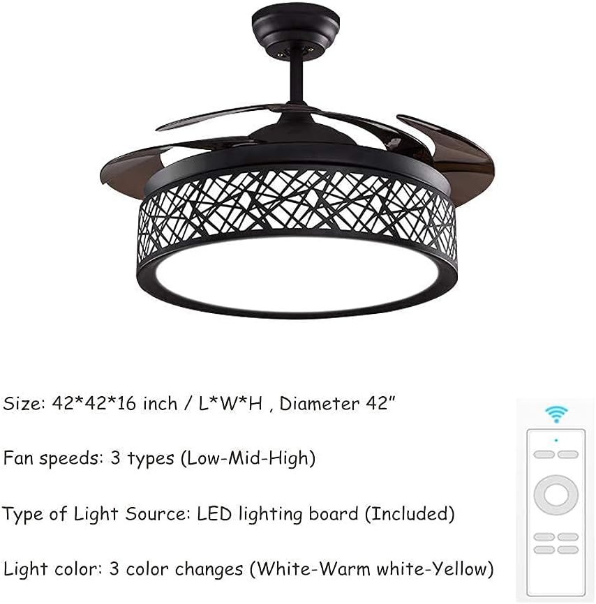 42 Inch Black Cage Ceiling Fan with Lights, Ceiling Fan with Retractable Blades Three Color Change Chandelier with Remote Control, Dining Room/Living Room/Bedroom Lighting Decoration-36W