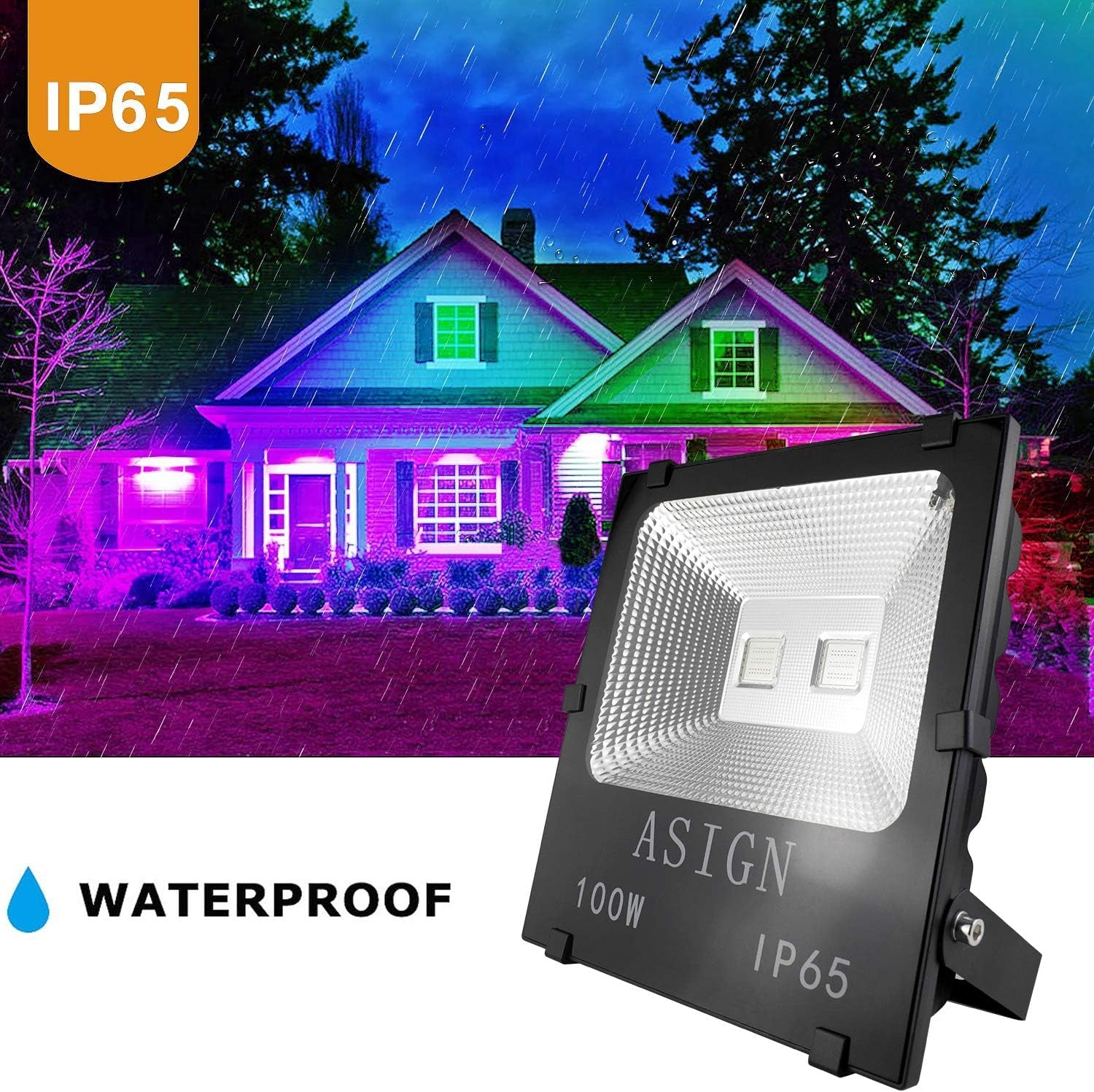 100W RGB LED Flood Lights, Indoor Outdoor Decoration Light Waterproof Color Changing LED Security Light with Remote Control, Dimmable Wall Washer Lights with US 3-Plug