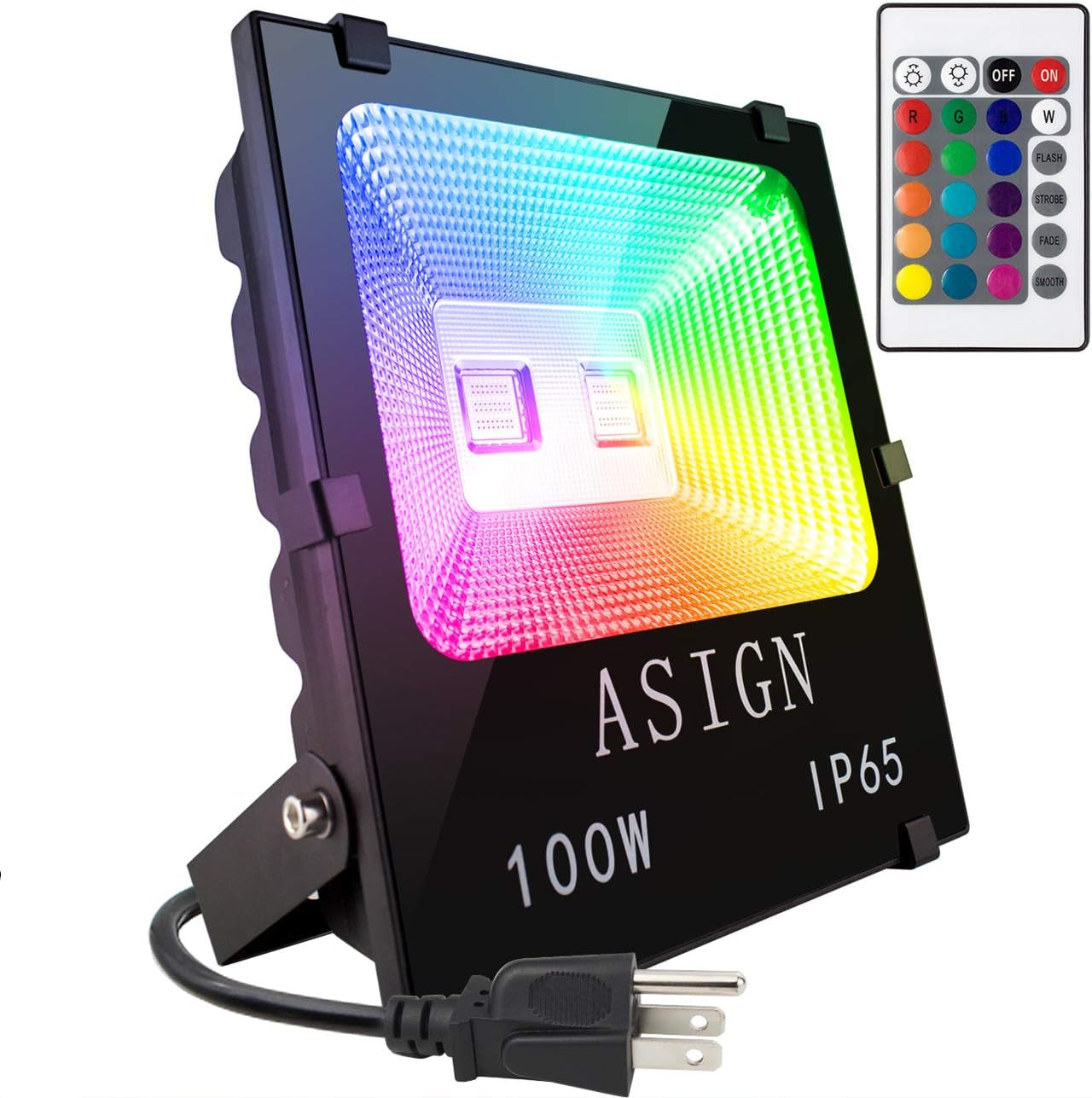 100W RGB LED Flood Lights, Indoor Outdoor Decoration Light Waterproof Color Changing LED Security Light with Remote Control, Dimmable Wall Washer Lights with US 3-Plug