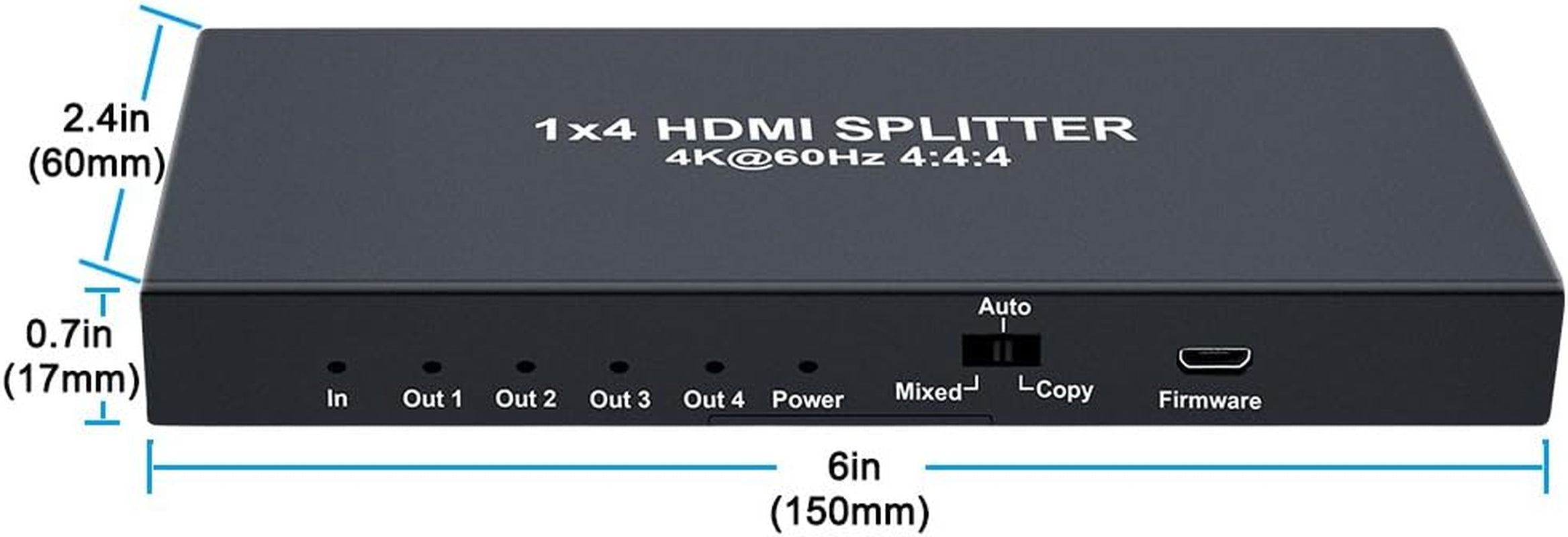 1X4 HDMI Splitter 4K 60Hz 4:4:4 HDR 18Gbps HDCP 2.2 EDID 3D 1 in 4 Out HDMI 2.0 High Speed UHD Video Box for Duplicate Multiple Monitor Sharing Computer Screen