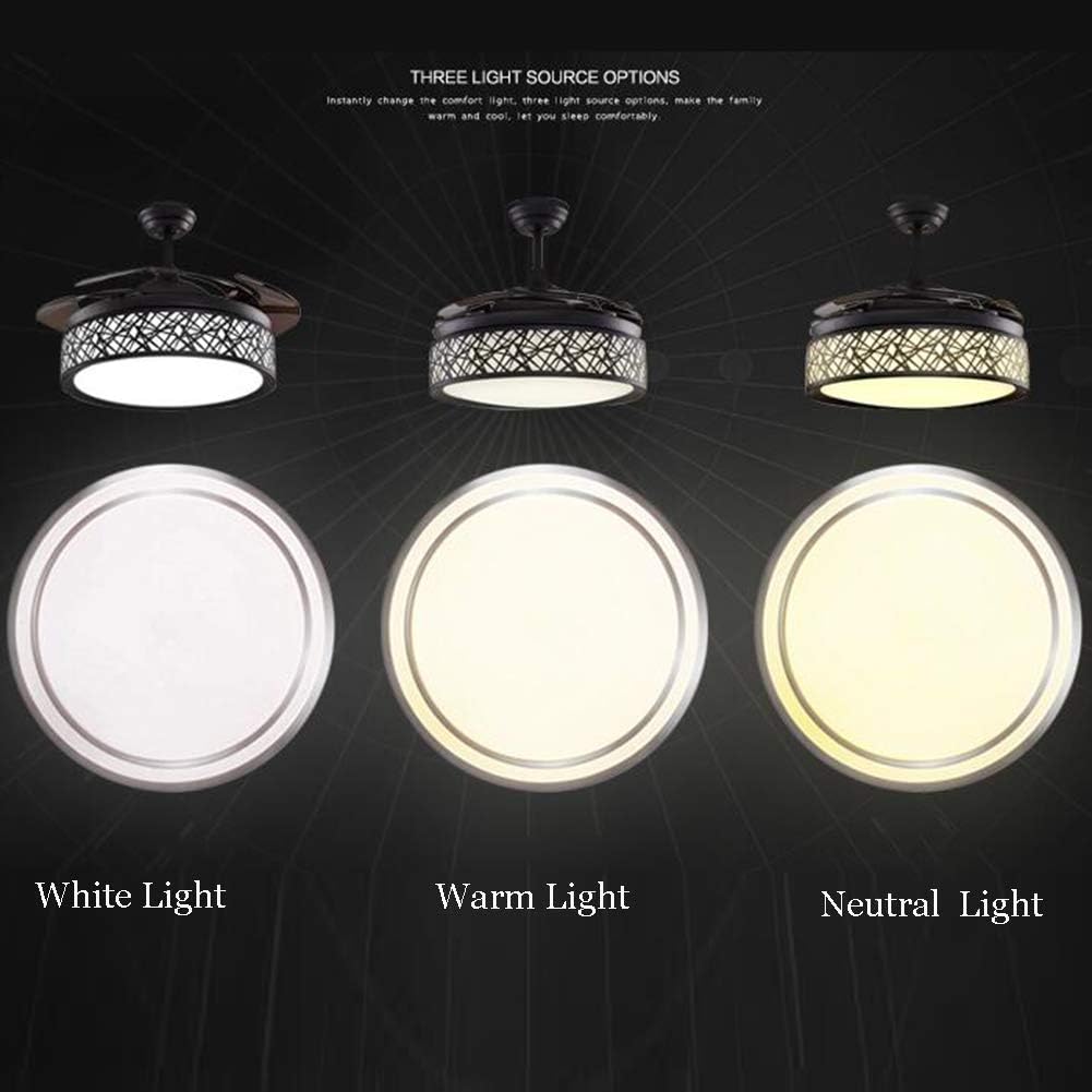42 Inch Black Cage Ceiling Fan with Lights, Ceiling Fan with Retractable Blades Three Color Change Chandelier with Remote Control, Dining Room/Living Room/Bedroom Lighting Decoration-36W