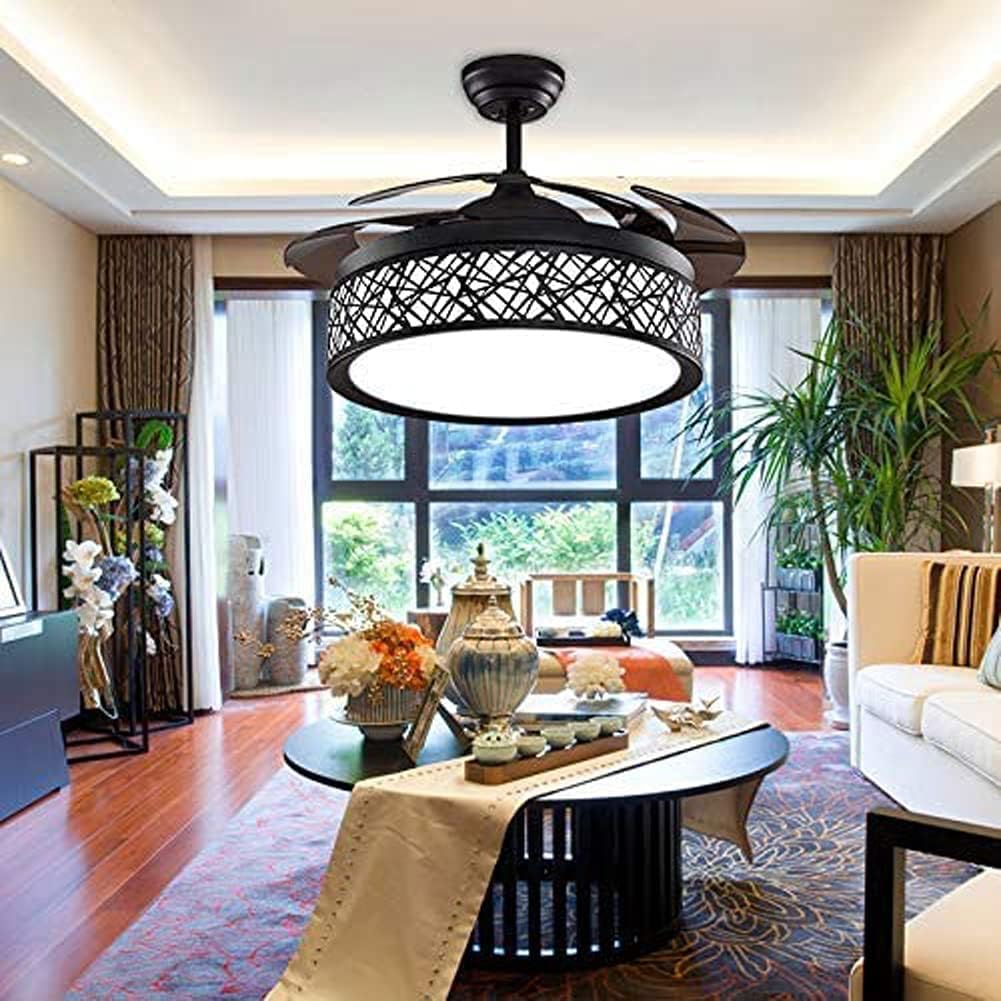 42 Inch Black Cage Ceiling Fan with Lights, Ceiling Fan with Retractable Blades Three Color Change Chandelier with Remote Control, Dining Room/Living Room/Bedroom Lighting Decoration-36W