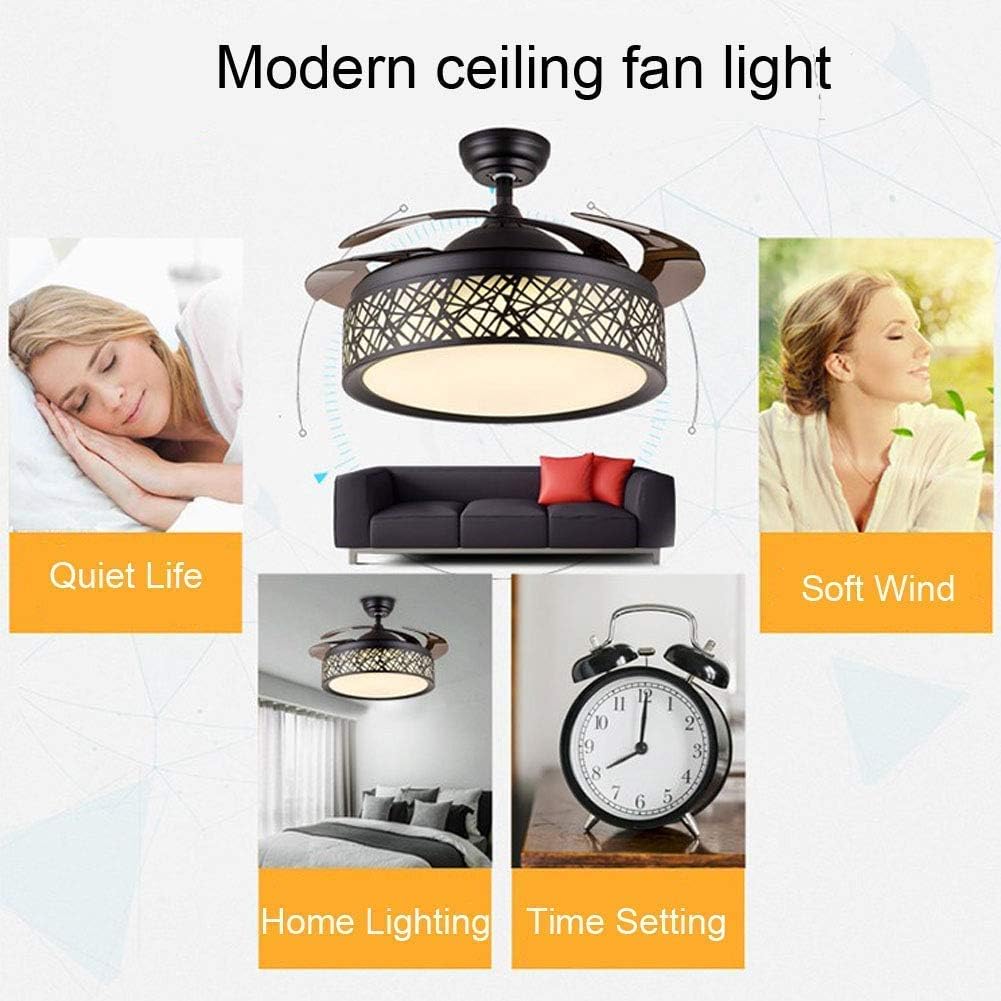 42 Inch Black Cage Ceiling Fan with Lights, Ceiling Fan with Retractable Blades Three Color Change Chandelier with Remote Control, Dining Room/Living Room/Bedroom Lighting Decoration-36W