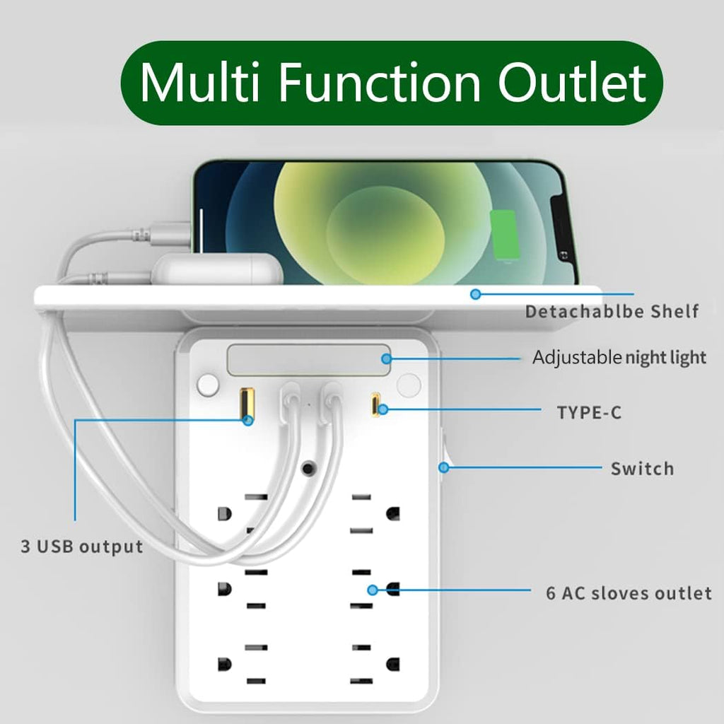 Multi Outlet Wall Plug , Surge Protector with Socket Shelf, Built in Adjustable Night Light Extender USB C Phone Charger, Expander for Home, Office