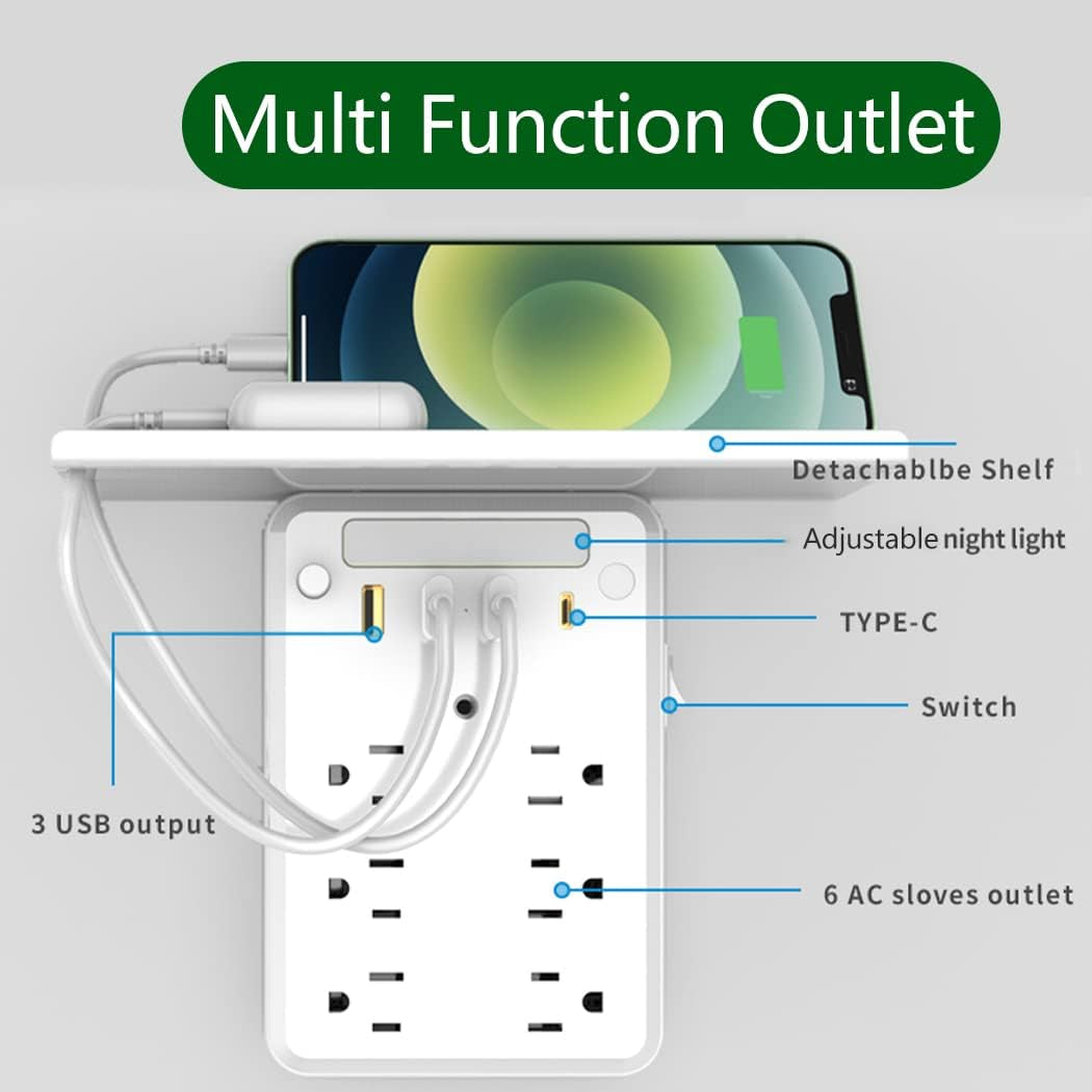 Multi Outlet Wall Plug , Surge Protector with Socket Shelf, Built in Adjustable Night Light Extender USB C Phone Charger, Expander for Home, Office