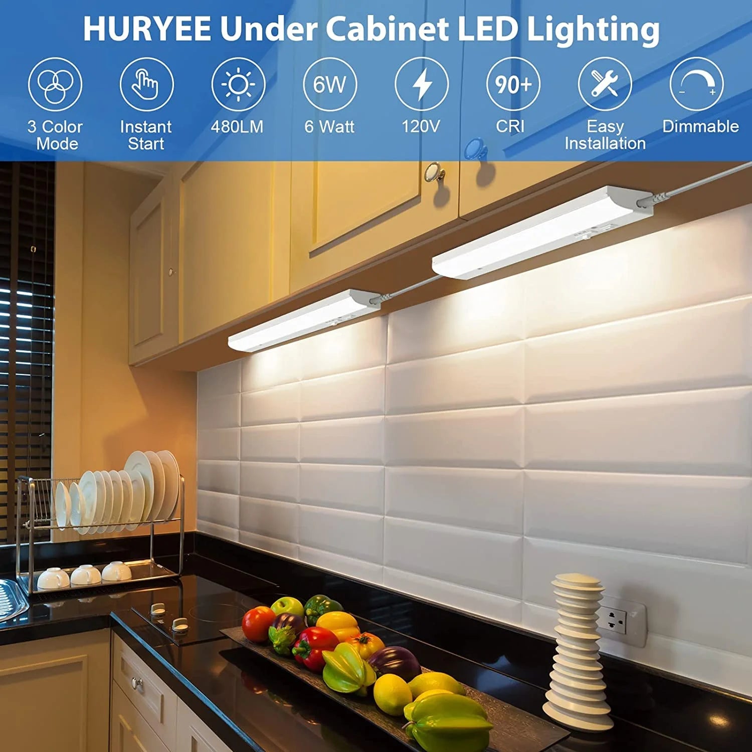 LED under Cabinet Lighting, 12 Inch Plug in under Counter Light Fixture, Dimmable, ETL& Energy Star, 3 Color Changing Linkable over Sink Lighting for Kitchen, Office, Garage, Workshop