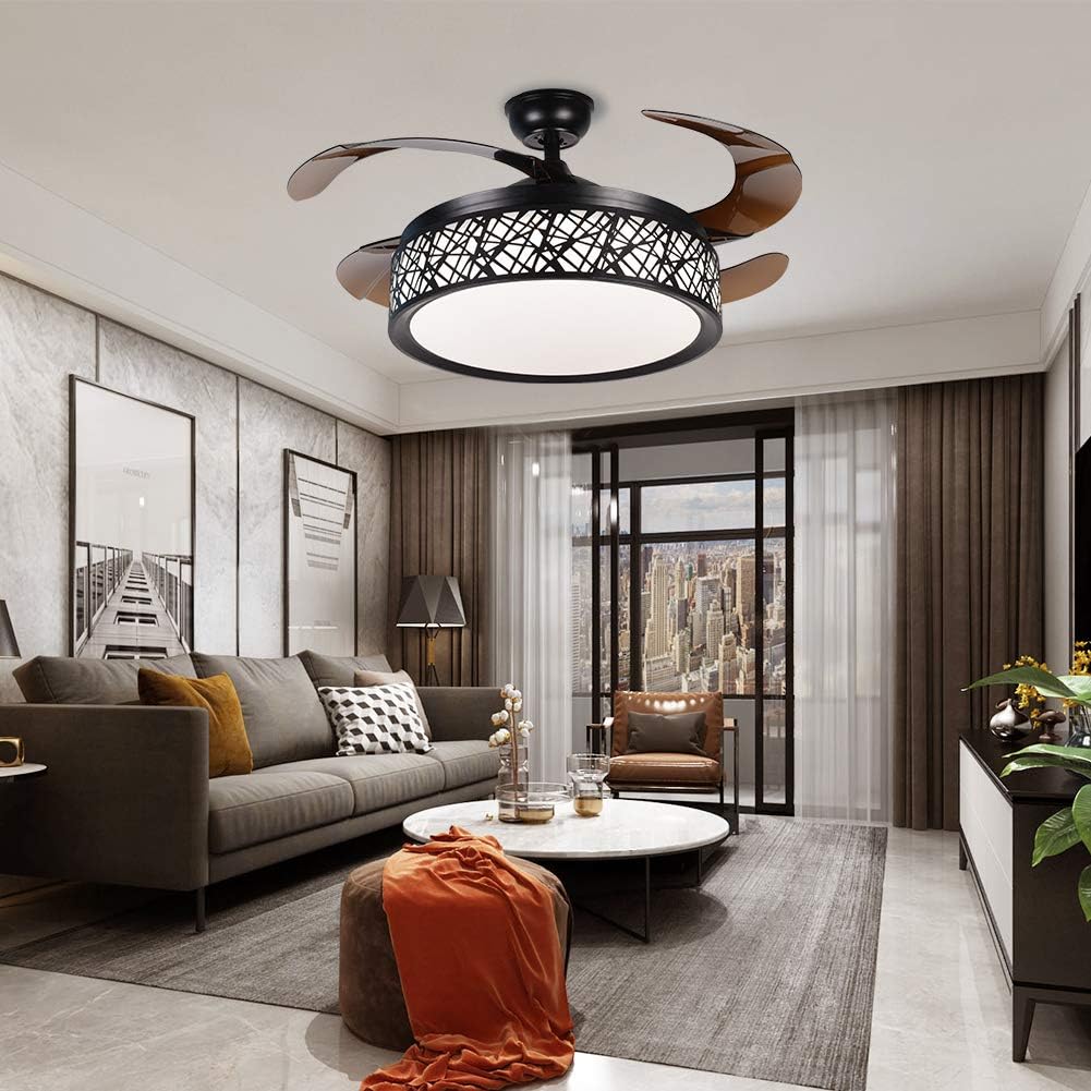 42 Inch Black Cage Ceiling Fan with Lights, Ceiling Fan with Retractable Blades Three Color Change Chandelier with Remote Control, Dining Room/Living Room/Bedroom Lighting Decoration-36W