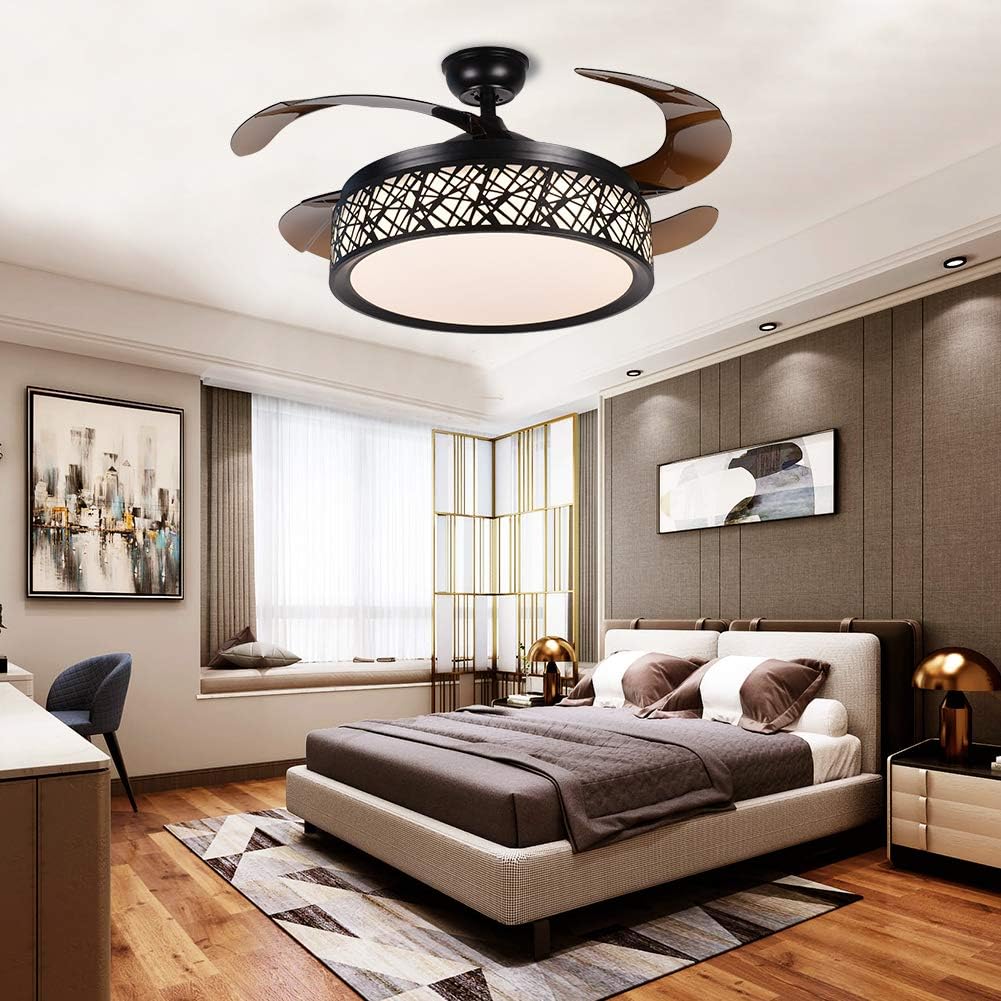 42 Inch Black Cage Ceiling Fan with Lights, Ceiling Fan with Retractable Blades Three Color Change Chandelier with Remote Control, Dining Room/Living Room/Bedroom Lighting Decoration-36W