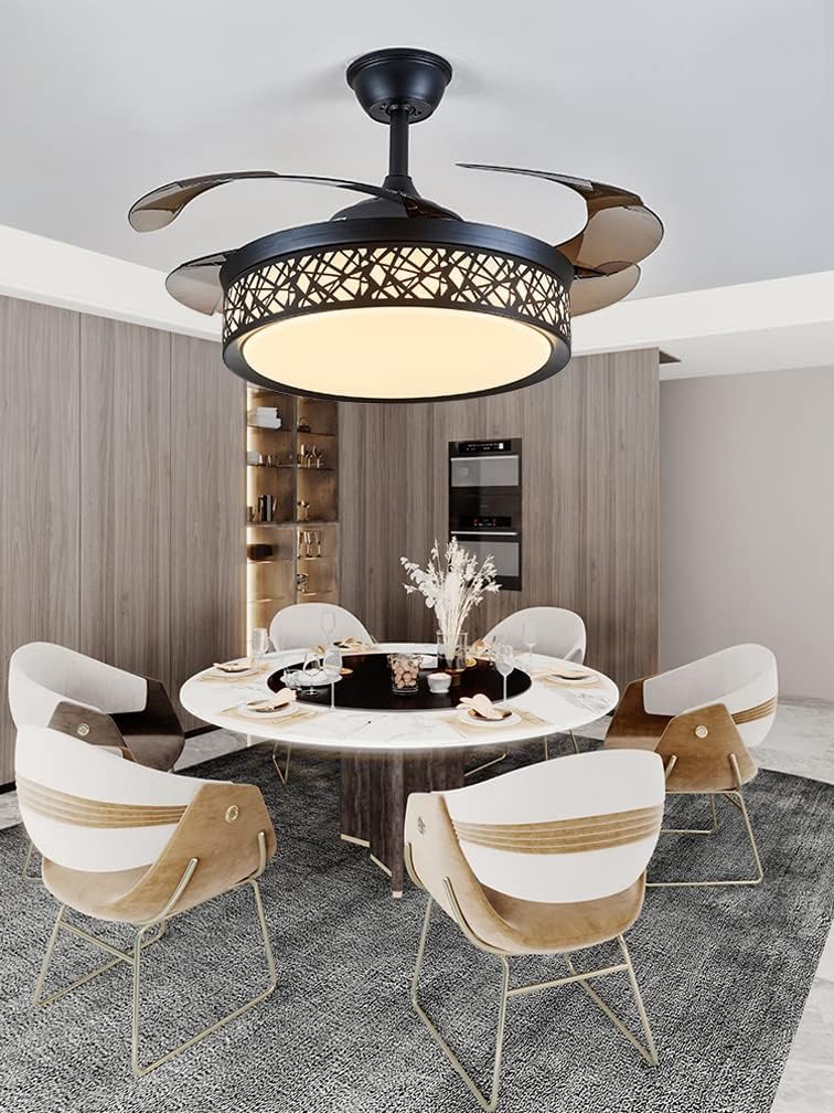 42 Inch Black Cage Ceiling Fan with Lights, Ceiling Fan with Retractable Blades Three Color Change Chandelier with Remote Control, Dining Room/Living Room/Bedroom Lighting Decoration-36W