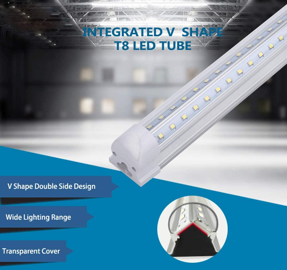 8FT LED Light Fixtures 72W, 8FT LED Shop Light 5000K Daylight White Dual Side T8 V-Shape Integrated 8 Foot Tube Lights(150W Fluorescent Light Equivalent), 8640Lm, Clear Cover (6 Pack)