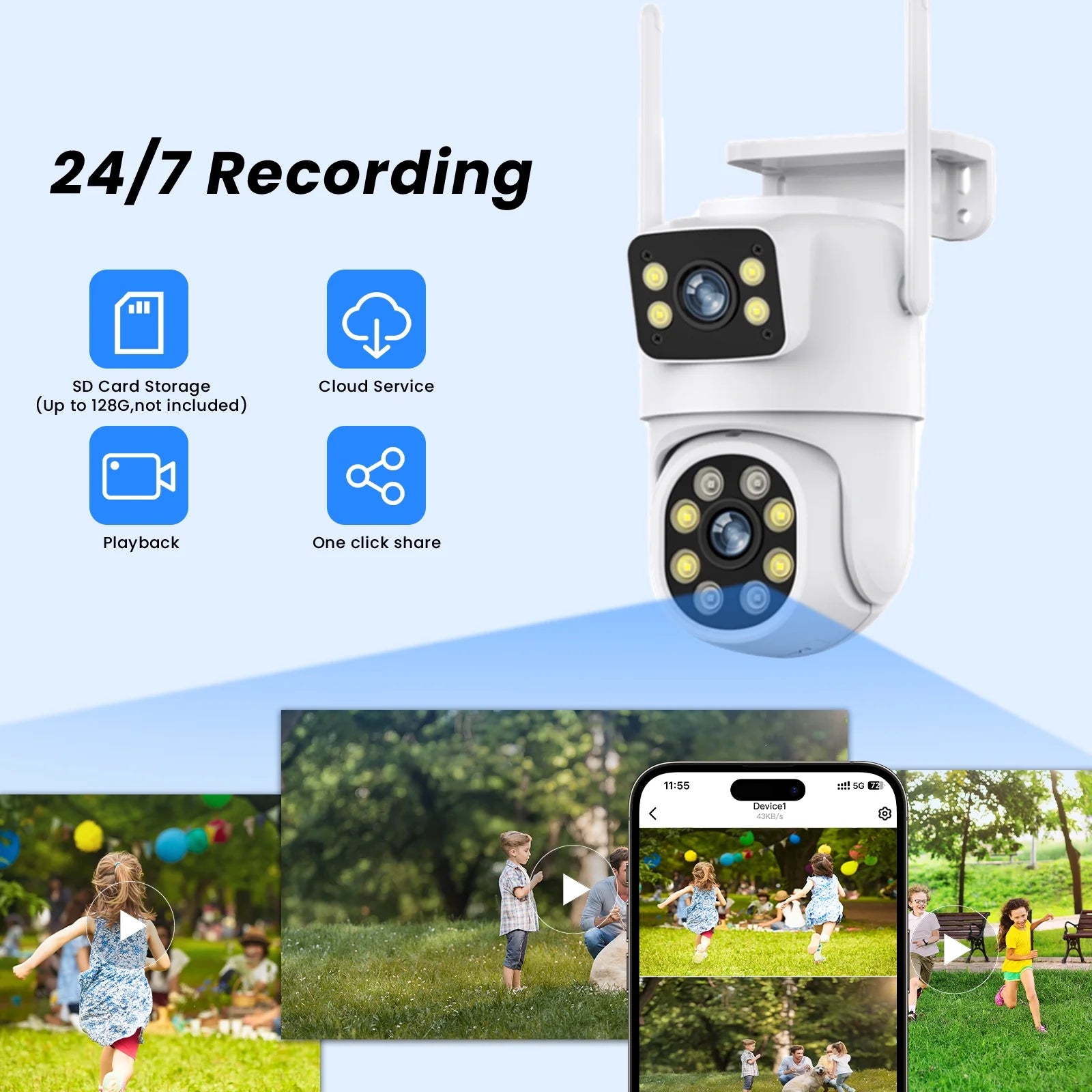 4K Dual Lens Outdoor Security Camera, Wifi PTZ outside Cameras for Home Security with Auto Tracking, Human Detection, IP66, Color Night Vision, 24/7 Record,Two-Way Audio, Dual-Screen Display