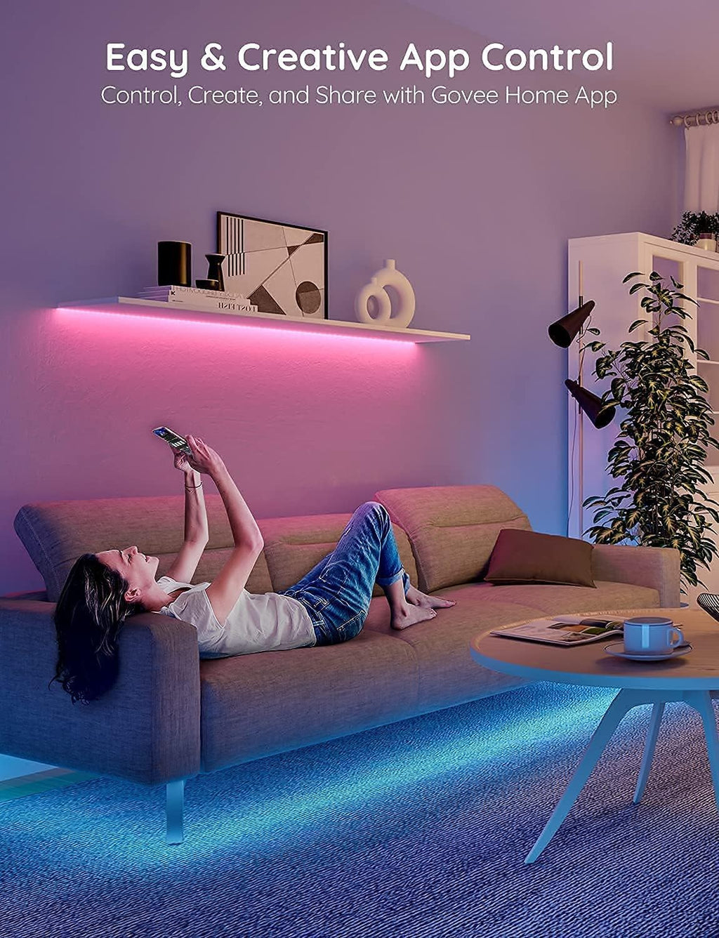 100Ft LED Strip Lights, Bluetooth RGB LED Lights with App Control, 64 Scenes and Music Sync LED Strip Lighting for Bedroom, Living Room, Kitchen, Party, ETL Listed Adapter