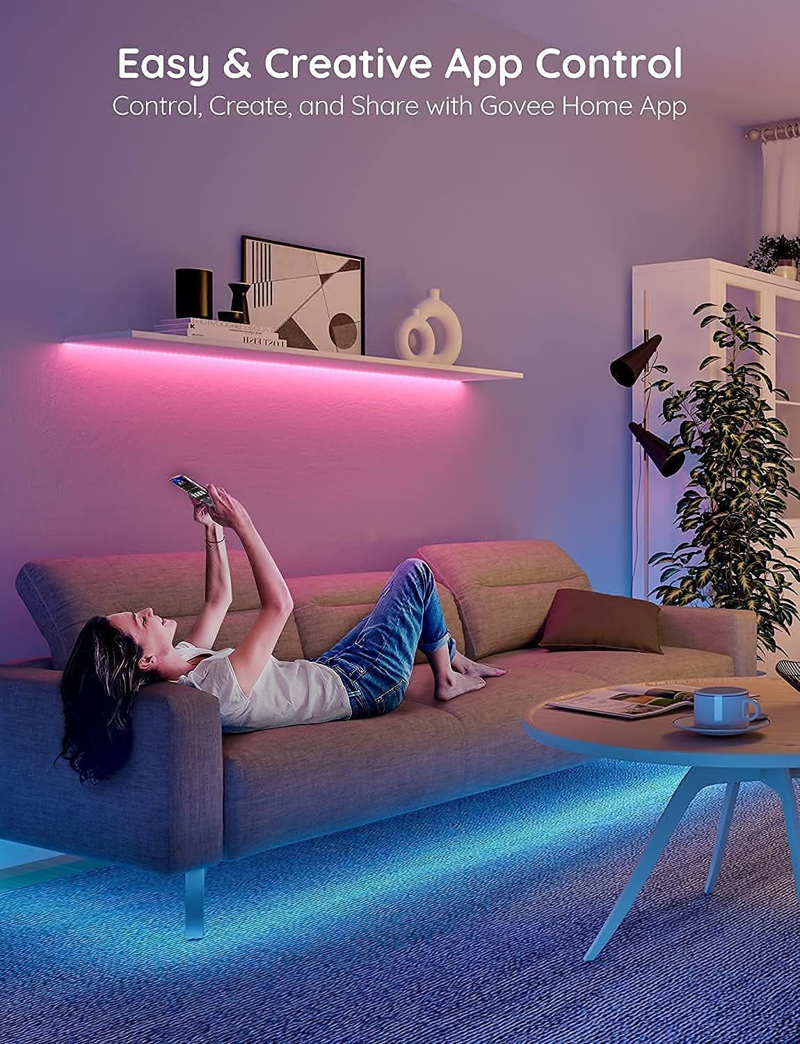100Ft LED Strip Lights, Bluetooth RGB LED Lights with App Control, 64 Scenes and Music Sync LED Strip Lighting for Bedroom, Living Room, Kitchen, Party, ETL Listed Adapter